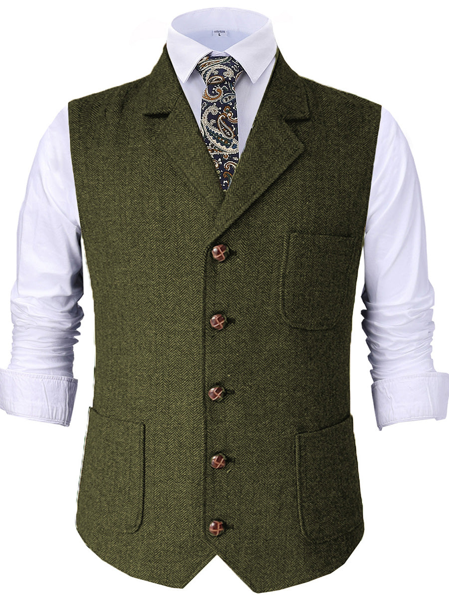 Gilet de Cérémonie Élégant en VERT_OLIVE à Revers Cranaillé Tenue Raffinée pour le Marié