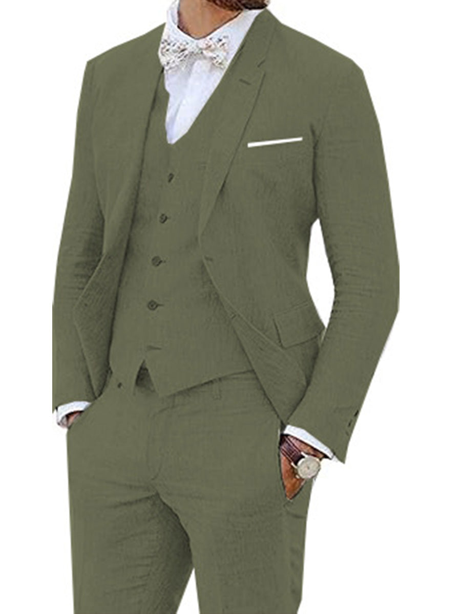 Costume 3 Pièces Homme en VERT_OLIVE en Lin Style Rétro avec Veste Queue-de-Pie pour Mariage et Bal