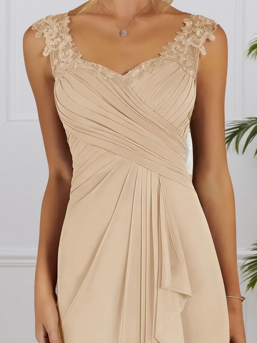 Cicinia Champagne Robe pour Mère de la Mariée Longue en Mousseline et Dentelle Fourreau Longueur Sol