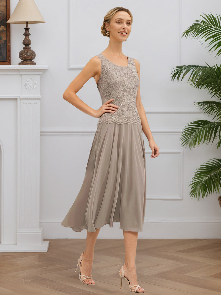 Cicinia Taupe 2 Pièces Robe avec Veste pour Mère de la Mariée Longue en Dentelle et Mousseline A-Line Longueur Midi (Thé)