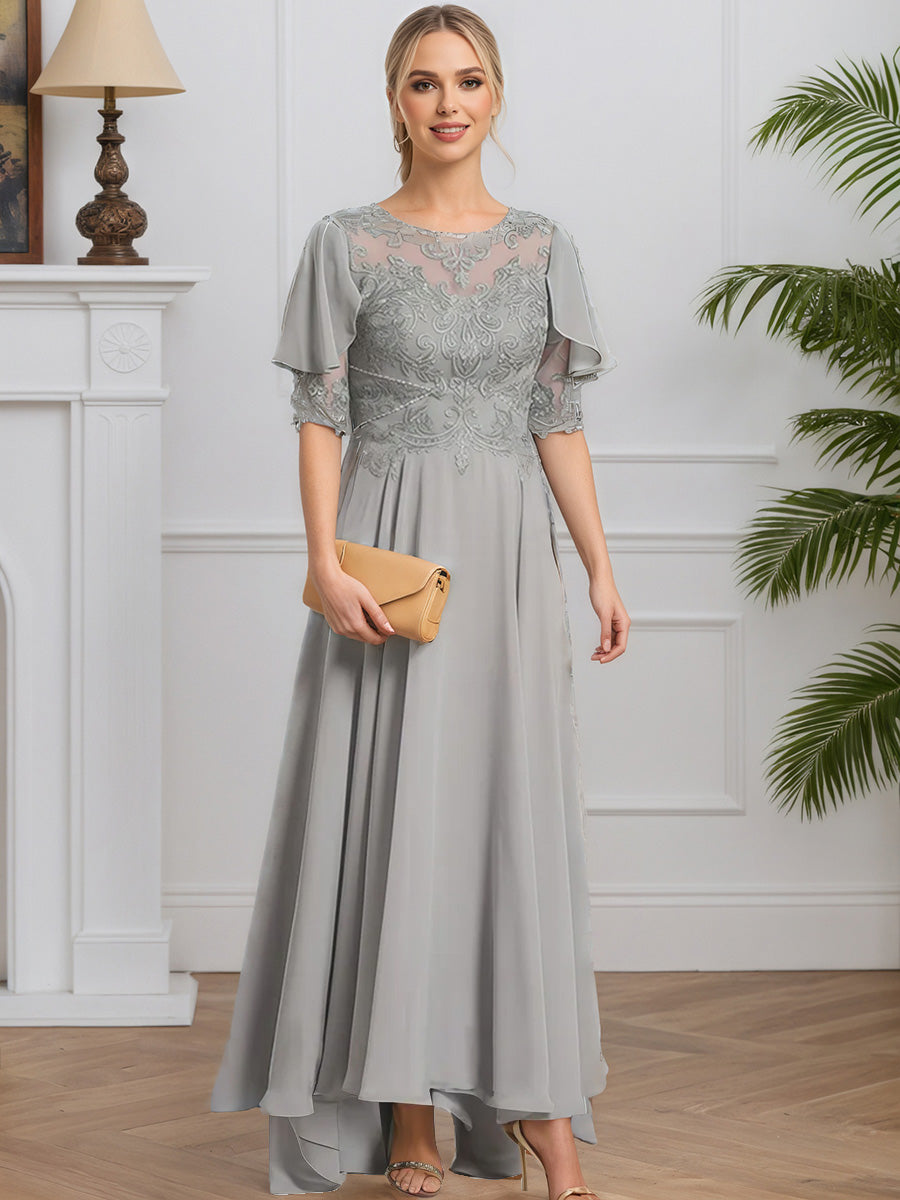 Cicinia Gris Robe pour Mère de la Mariée Longue en Mousseline et Dentelle A-Line Manches Demi-longues