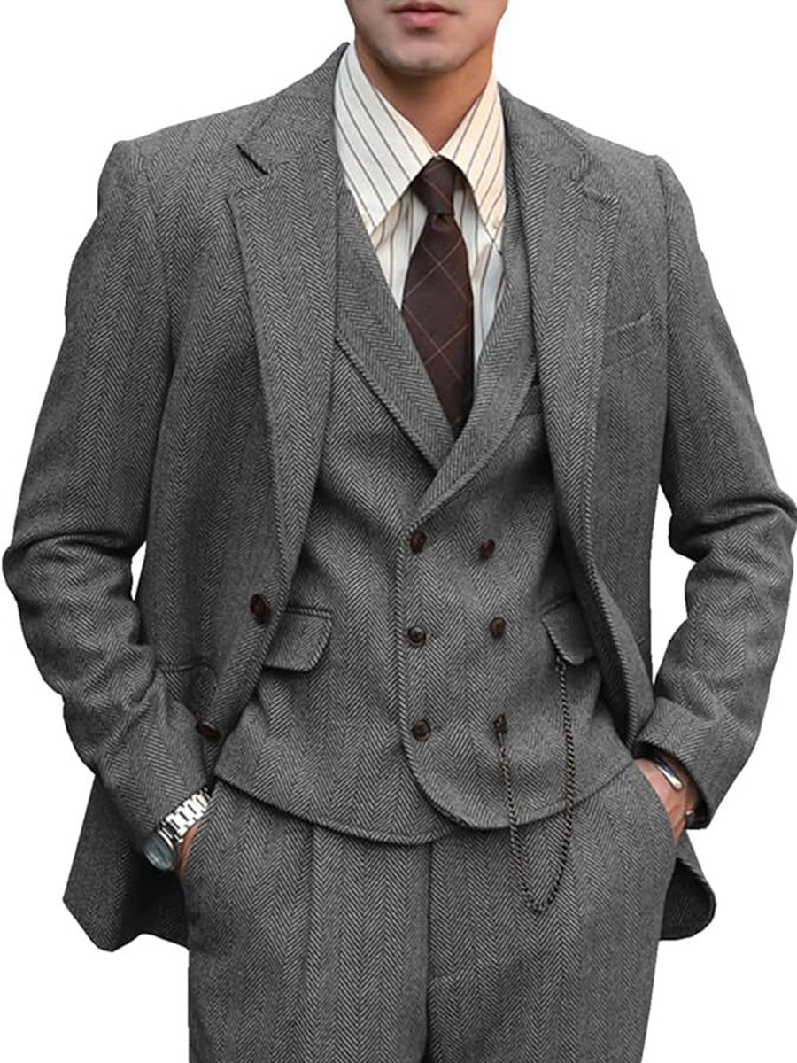 Costume 3 Pièces en GRIS_ACIER Élégant à Motif Chevron Tenue Haut de Gamme pour le Marié et la Réception