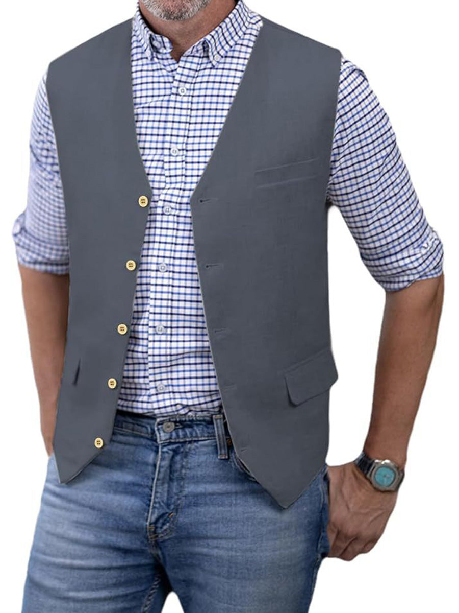 Gilet Décontracté en GRIS_ACIER en Coton-Lin Respirant Minimalisme Élégant pour Homme