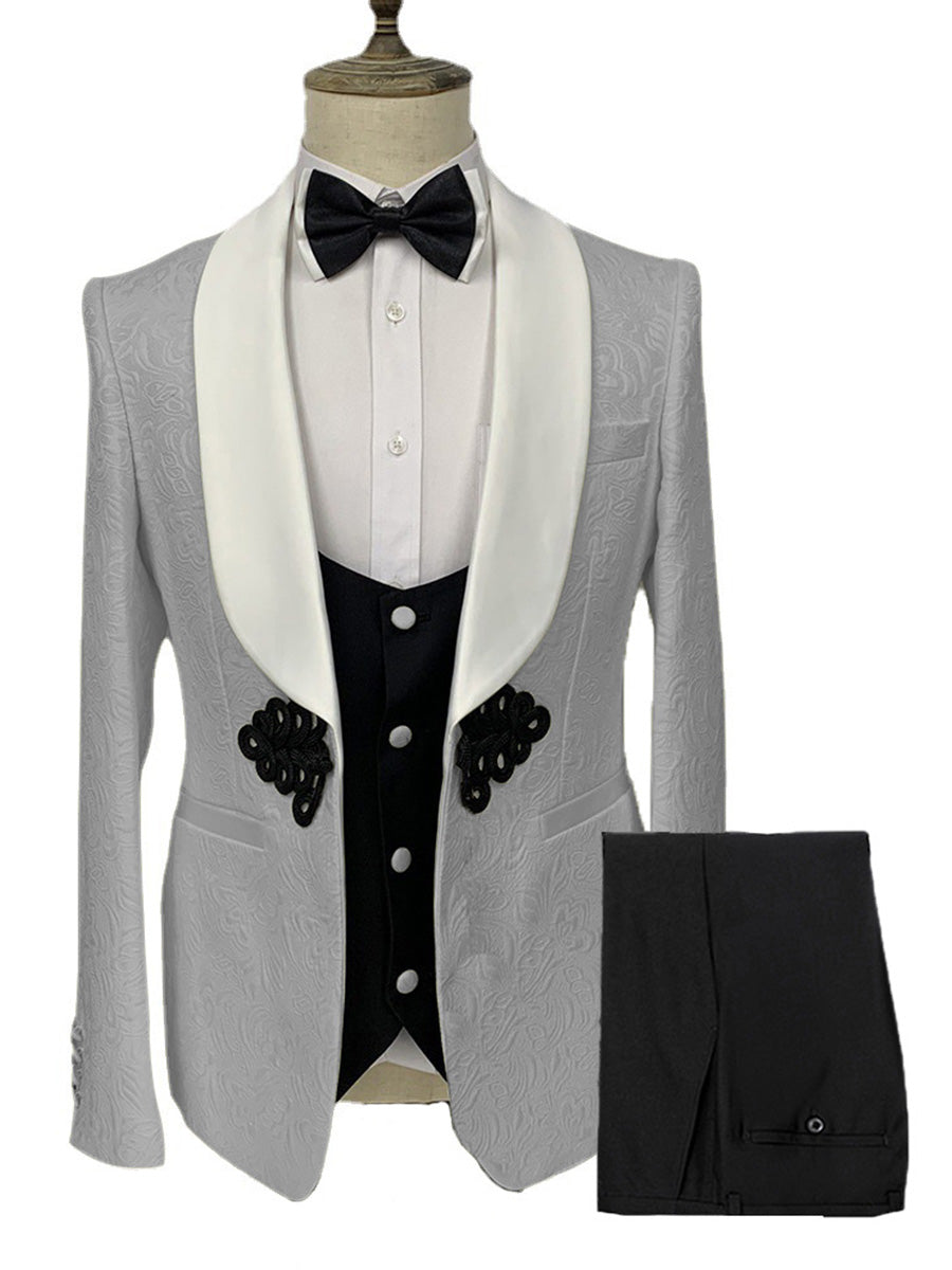 Costume Homme 3 Pièces en GRIS_ACIER à Motif Jacquard Élégance Racée pour Marié et Garçons d'Honneur