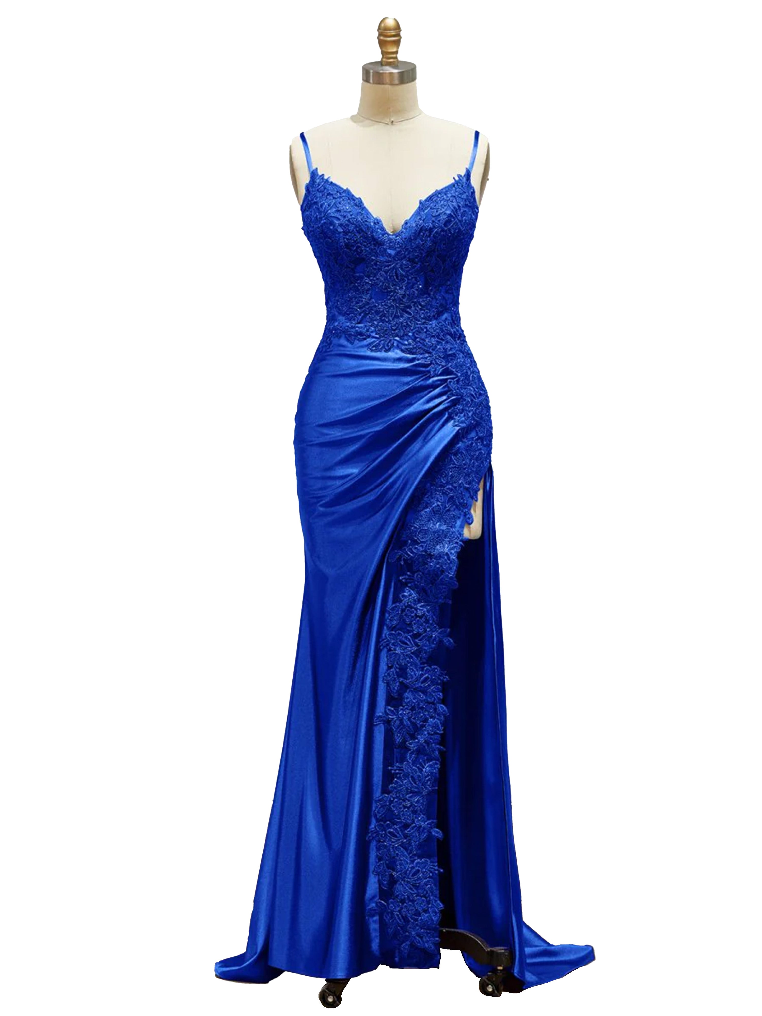 Robe de Soirée BLEU ROYALE Col V Bretelles Spaghetti en Dentelle Fourreau Fendue Robe de Bal