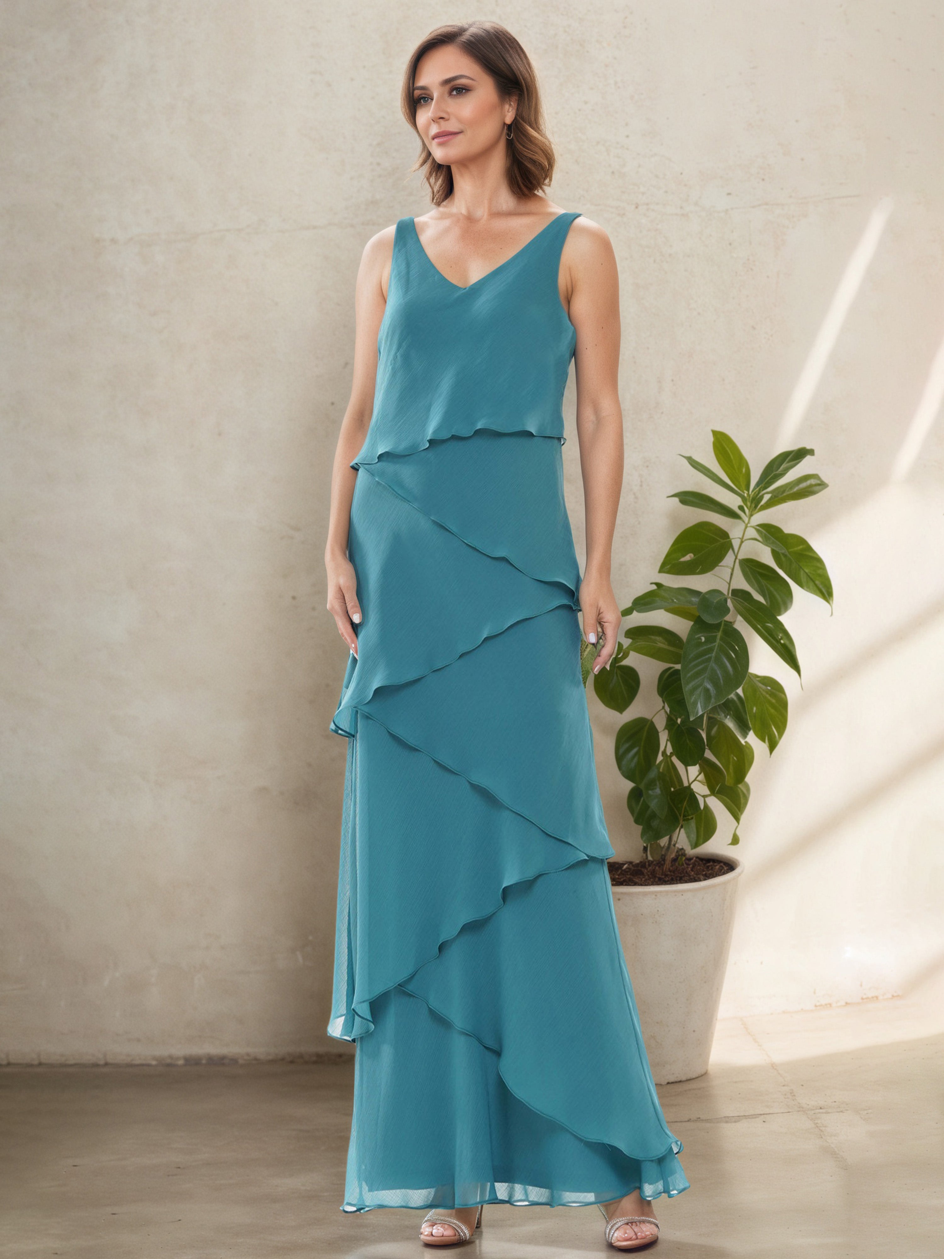 Robe Mère de la Mariée Jade Silhouette Fourreau/Colonne Longue à Décolleté en V avec Superpositions et Manches 3/4