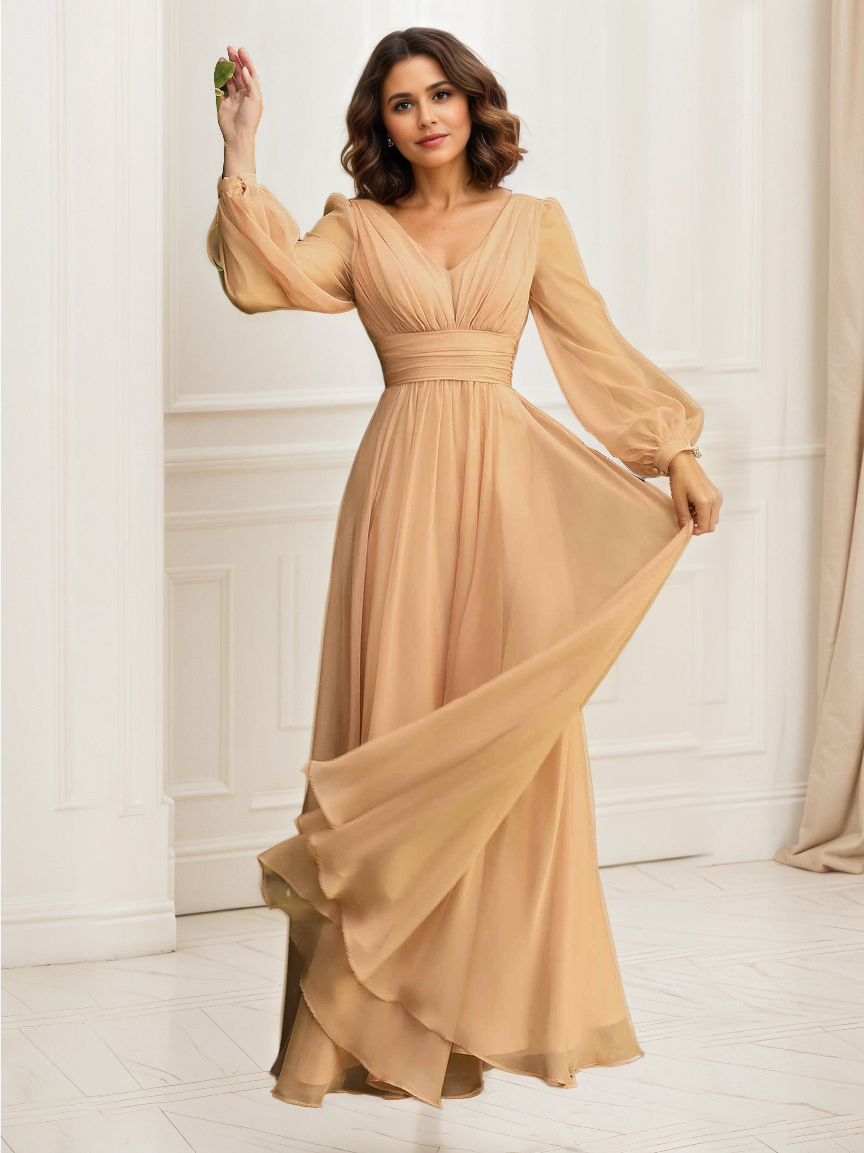Robe de Soirée CHAMPAGNE Col V Robe Mousseline Trapèze Manches Longue Robe Plissée