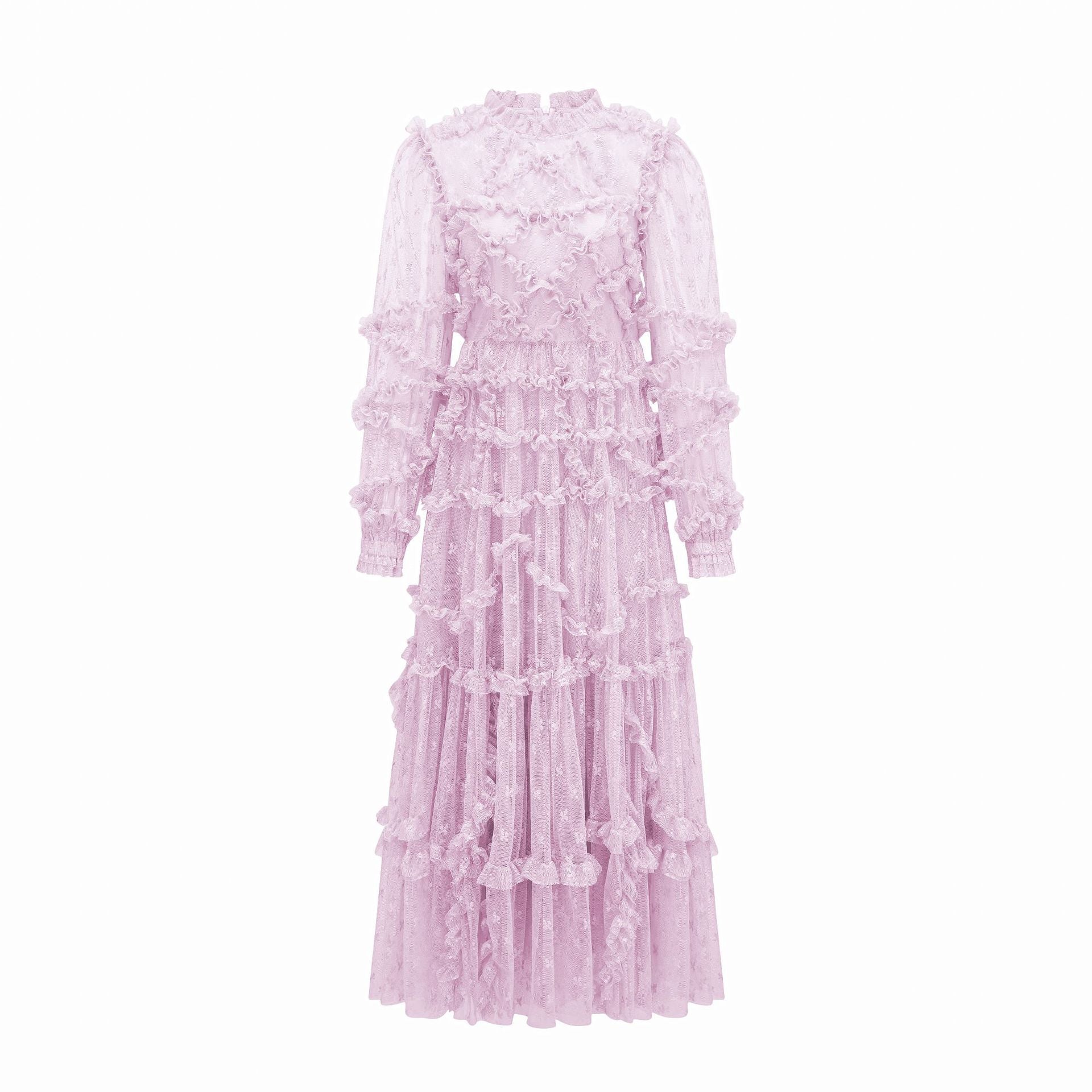 Robe Longue Broderie Trapèze Col Rond Manches Longues Robe de Soirée en Lilas