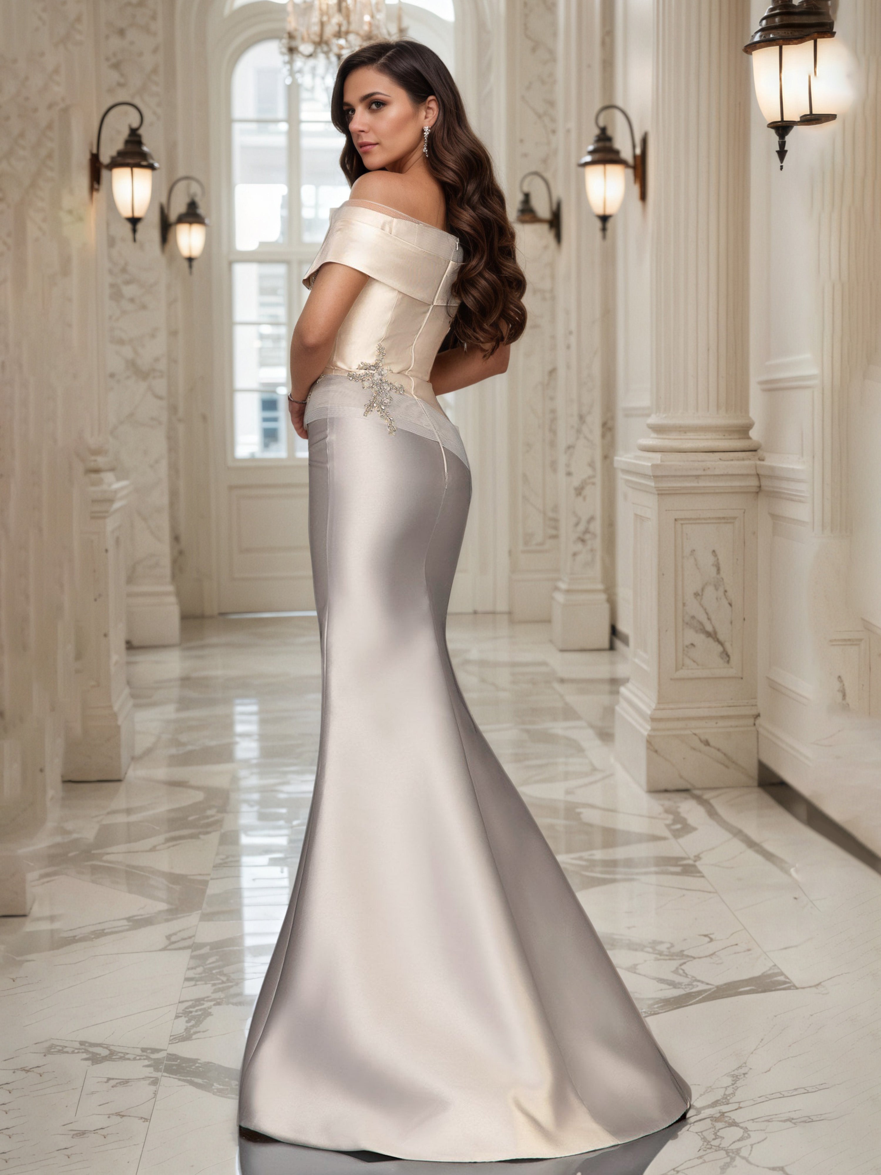 Robe de Soirée Taupe Epaules Dénudées avec perles Robe Sirène avec Traîne de balayage / pinceau