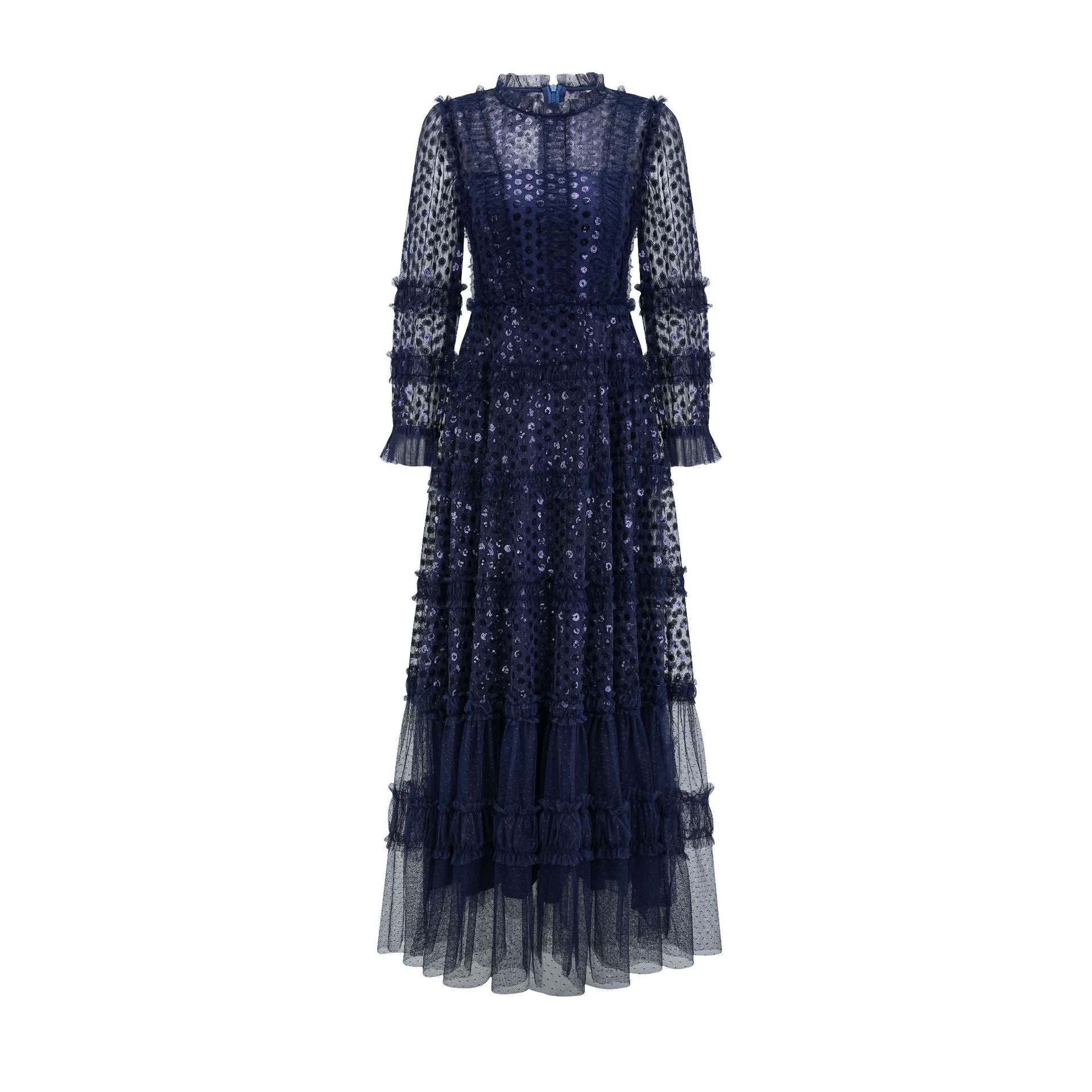 Robe Paillettes Trapèze Col Rond Manches Longues Robe de Soirée en Bleu Marine