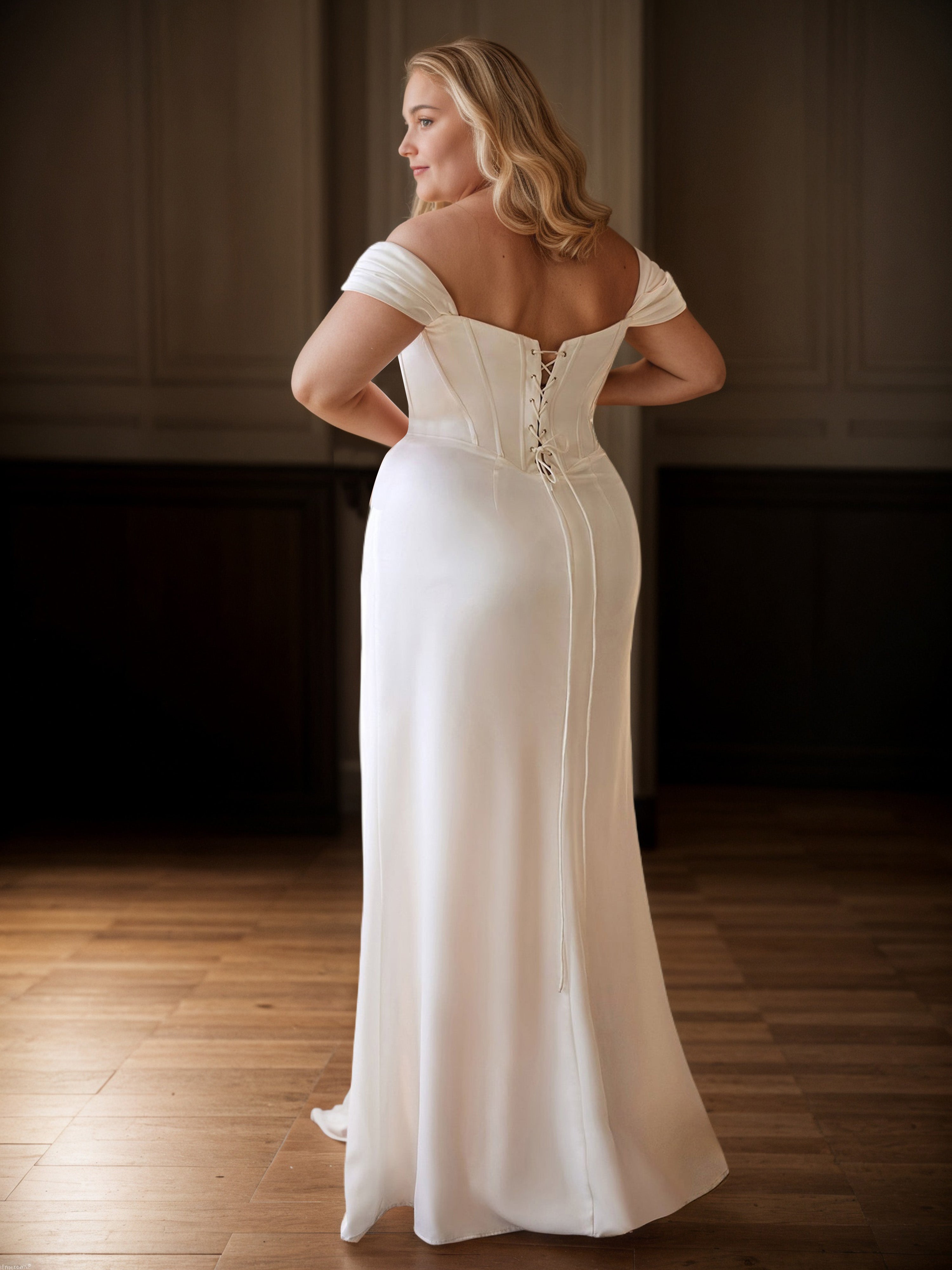 Robe de Bal IVOIRE à Épaules Dénudées Grande Taille Longue avec Fente