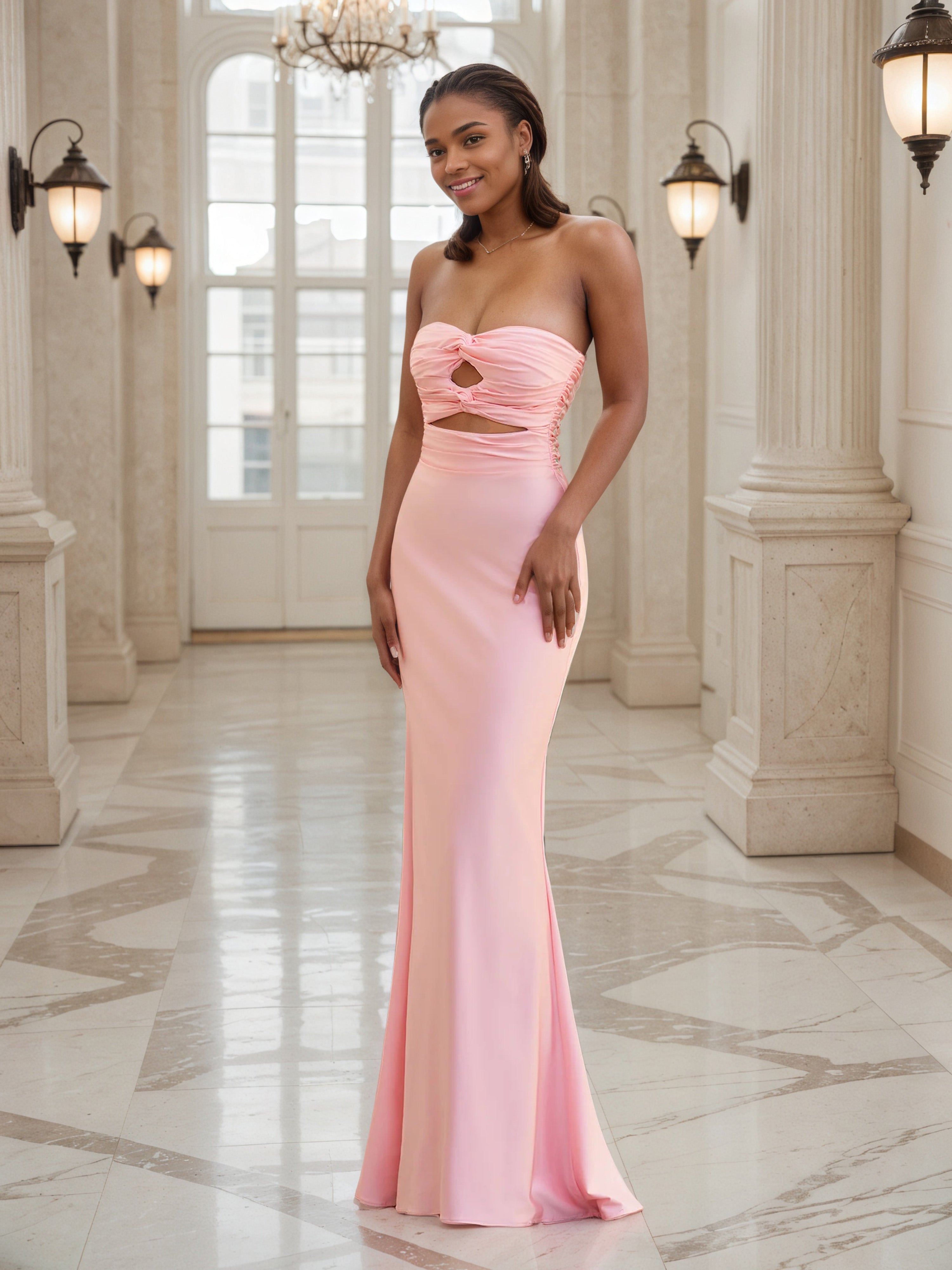 Robe de Soirée ROSE Col Bustier Fourreau avec Ouverture en Forme de Trou