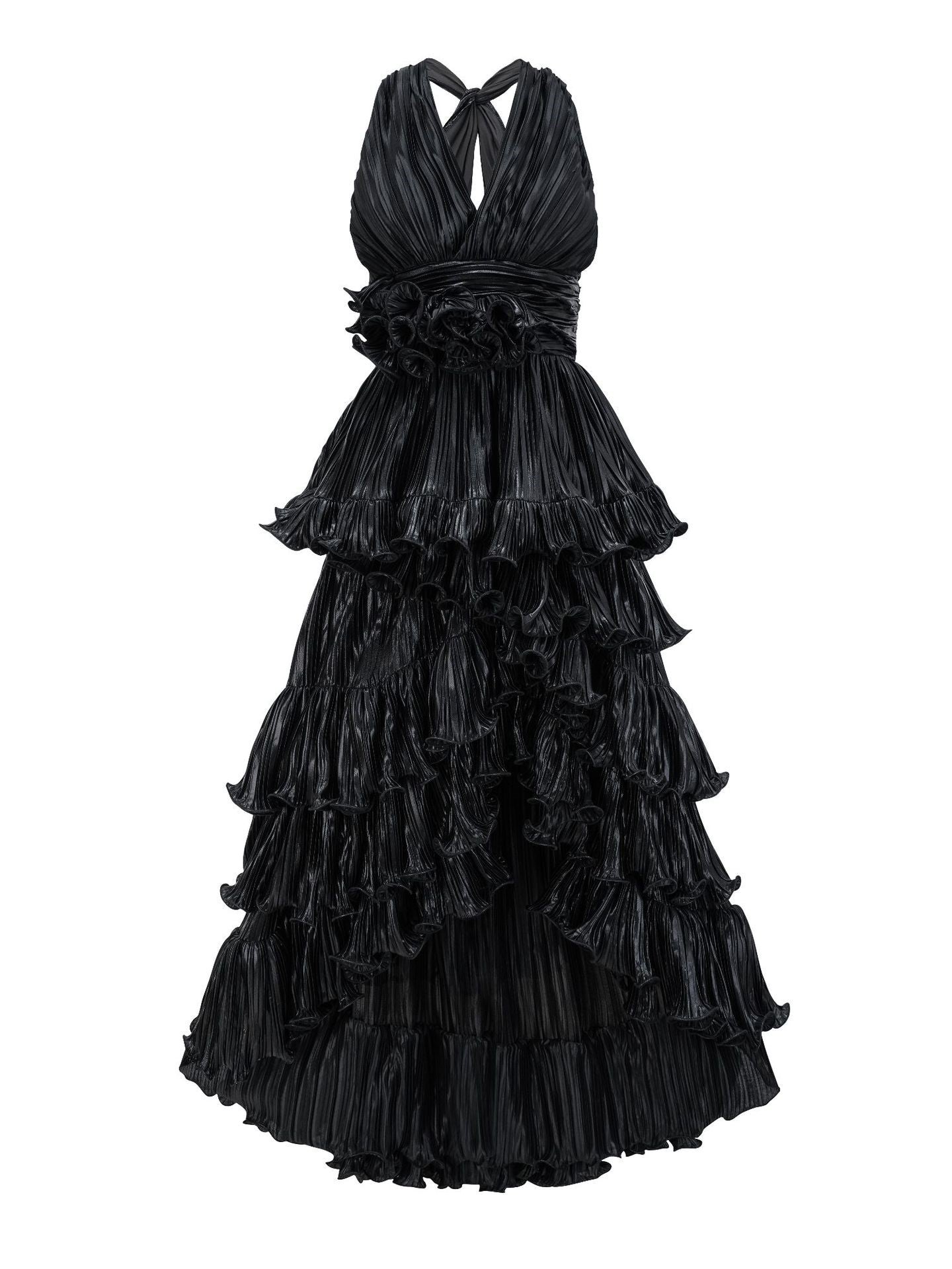 Robe Longue Asymétrique Col V Sans Manches Robe de Soirée en Noir