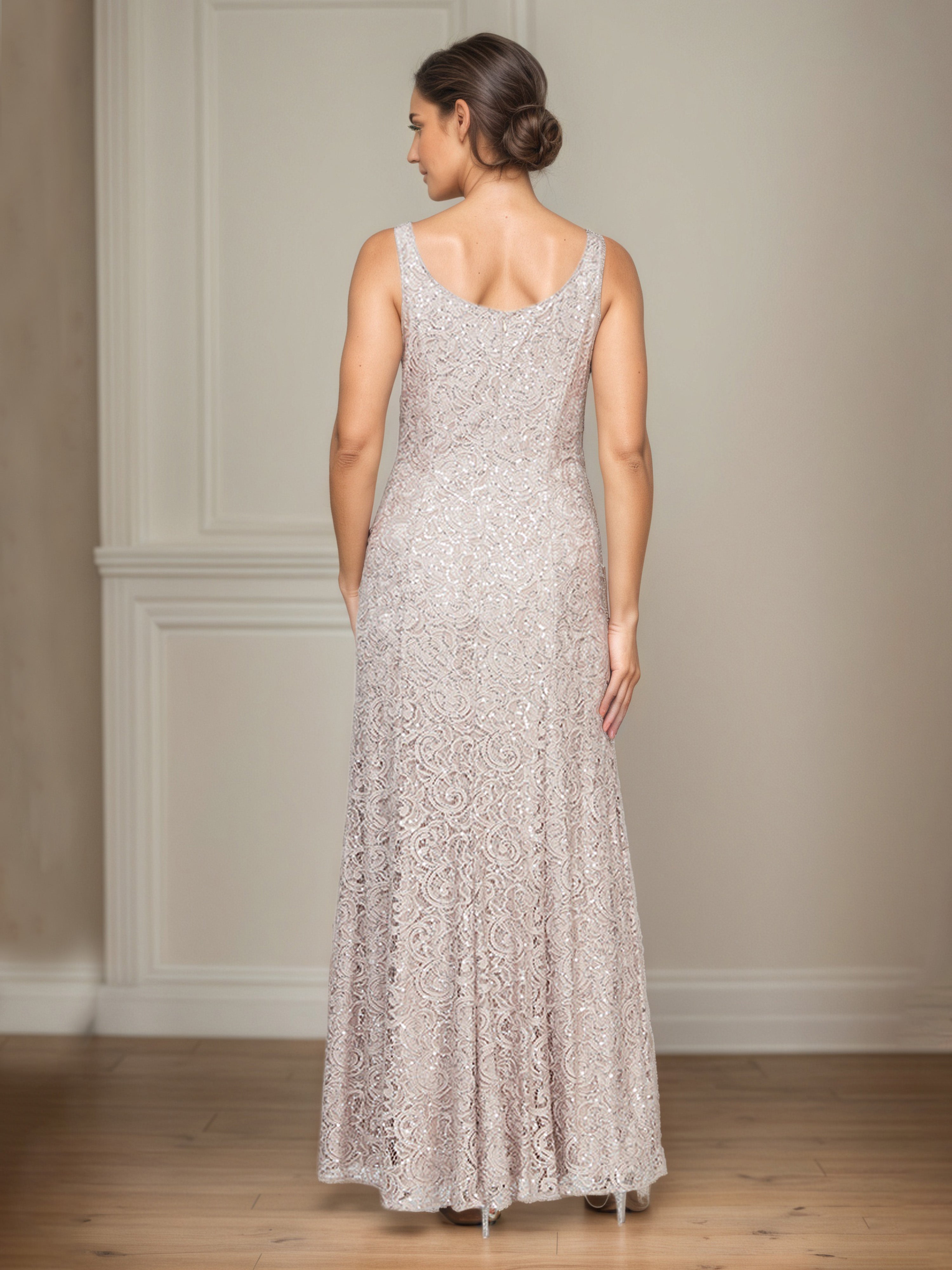 Robe Mère de la Mariée CHAMPAGNE Robe Trapèze en Dentelle à Paillettes Avec Veste Illusion à Manches 3/4