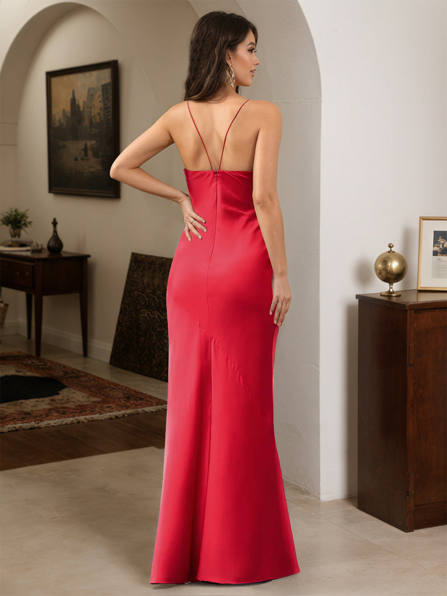 Cicinia Rouge Robe de Soirée Longue en Satin Doux Fourreau à Bretelles Spaghetti Fente Longueur Sol Chic
