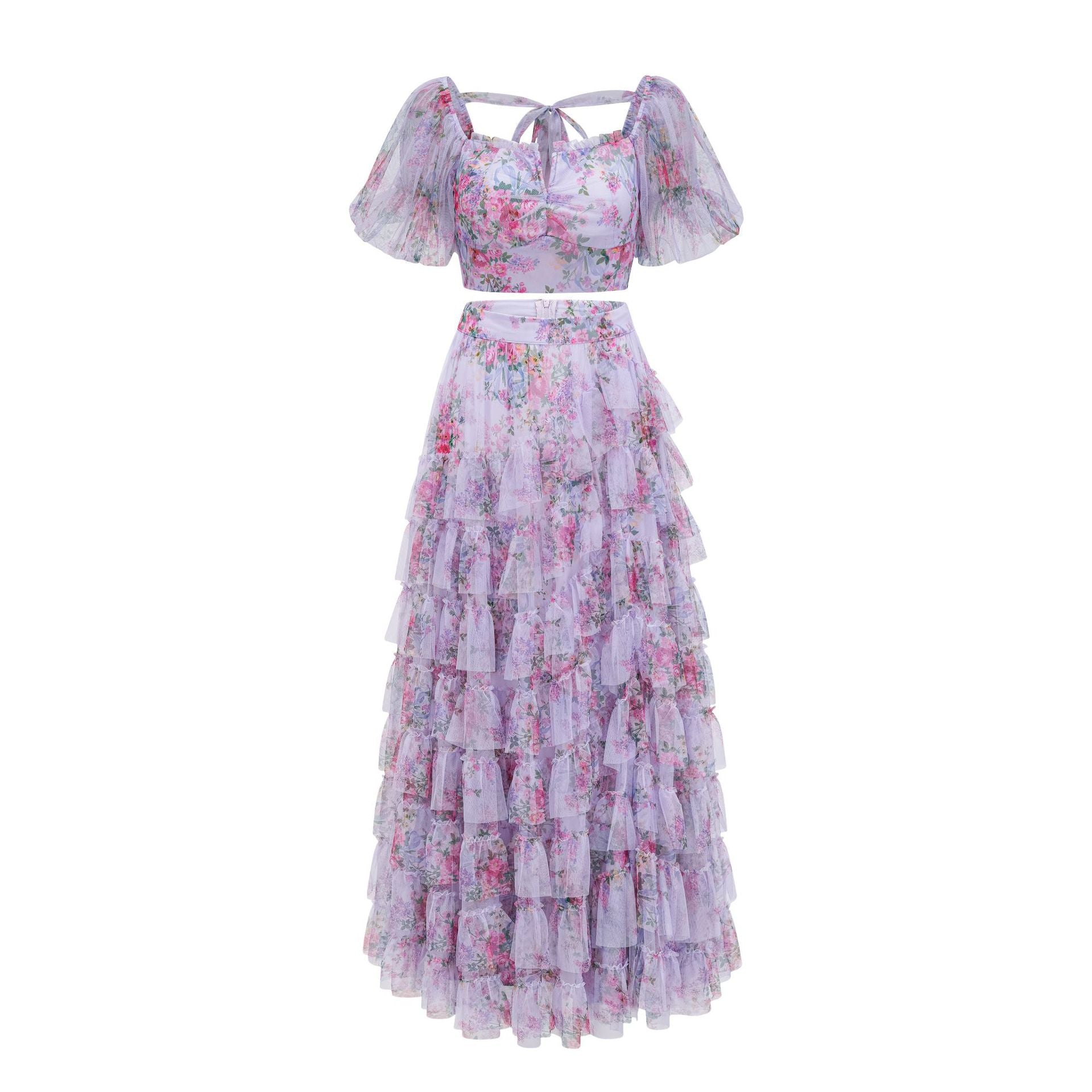 Robe Longue Deux Pièces Trapèze Col Carré Manches Courtes Robe de Soirée en Lilas