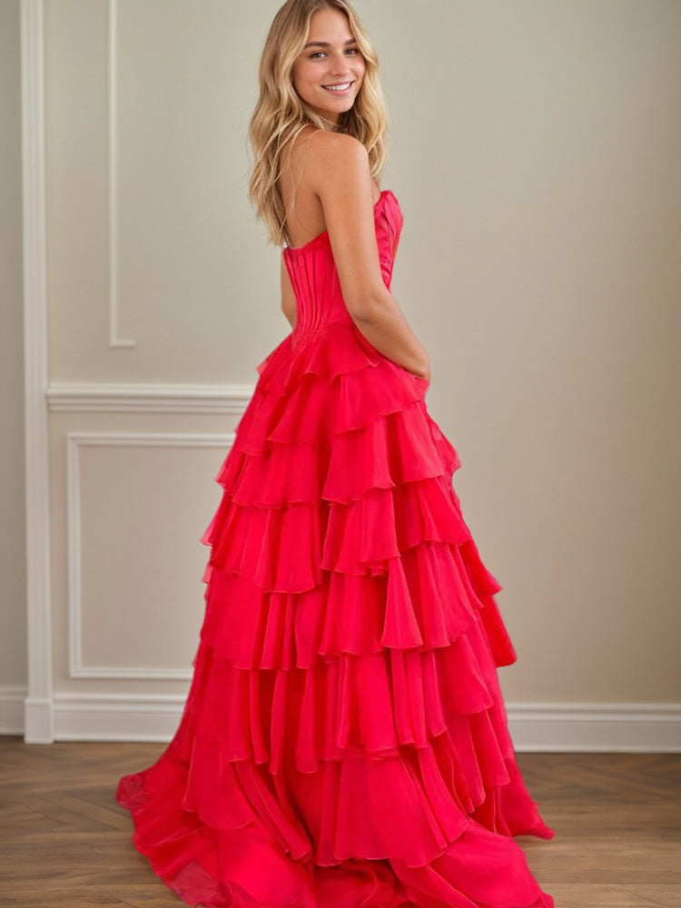 Robe de Soirée Rouge Mousseline et Dentelle Trapèze avec corsage à Appliques