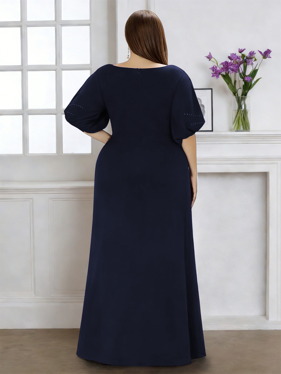 Cicinia Bleu Marine Foncé Robe pour Mère de la Mariée Longue en Tissu Extensible Fourreau Perlé Longueur Sol Gande Taille