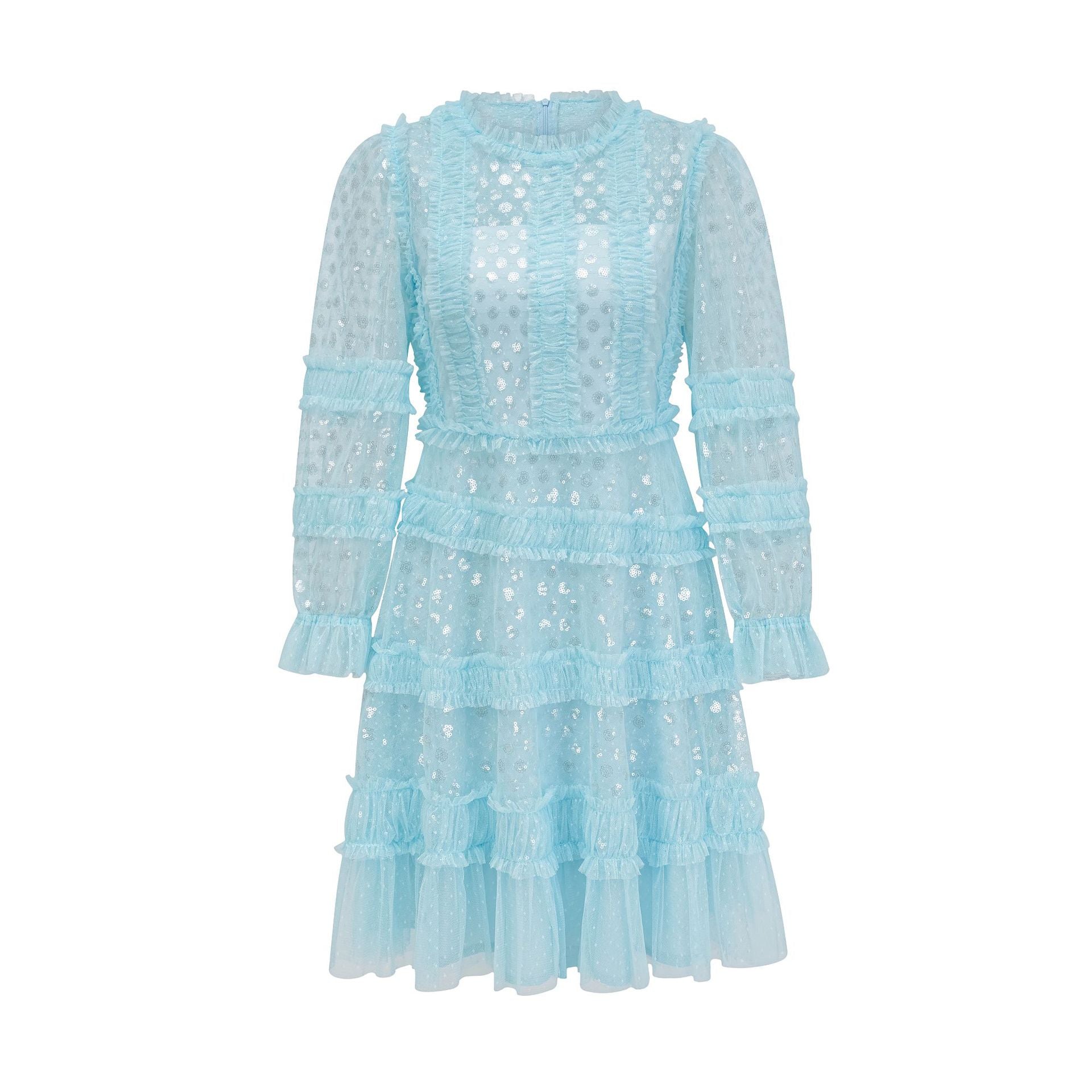 Robe Courte Trapèze Paillettes Col Rond Manches Longues Robe de Soirée en Bleu Ciel