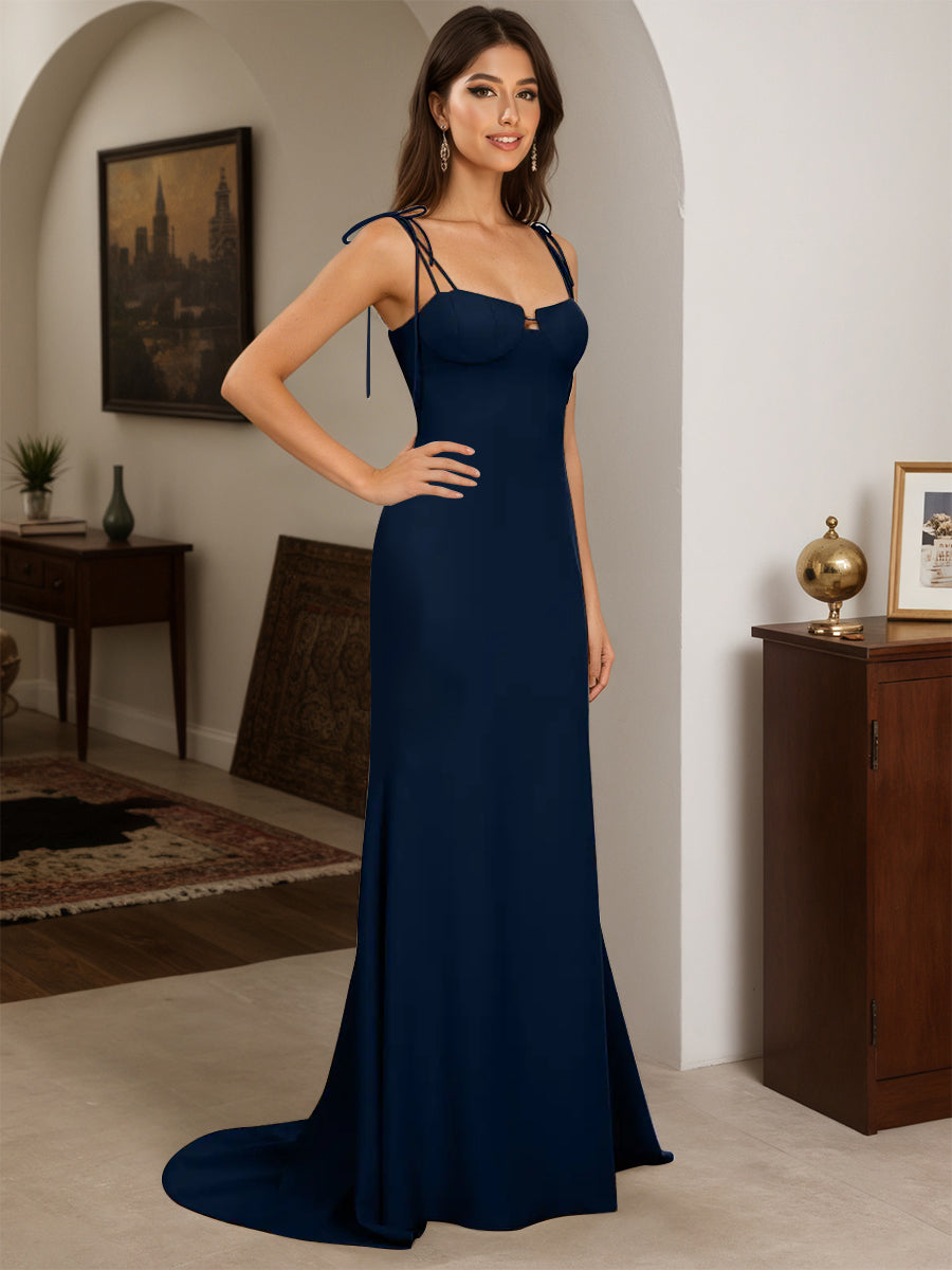 Cicinia Robe de Soirée Bleu Marine Longue Fourreau à Bretelles Spaghetti Dos Nud avec Traîne Balayée