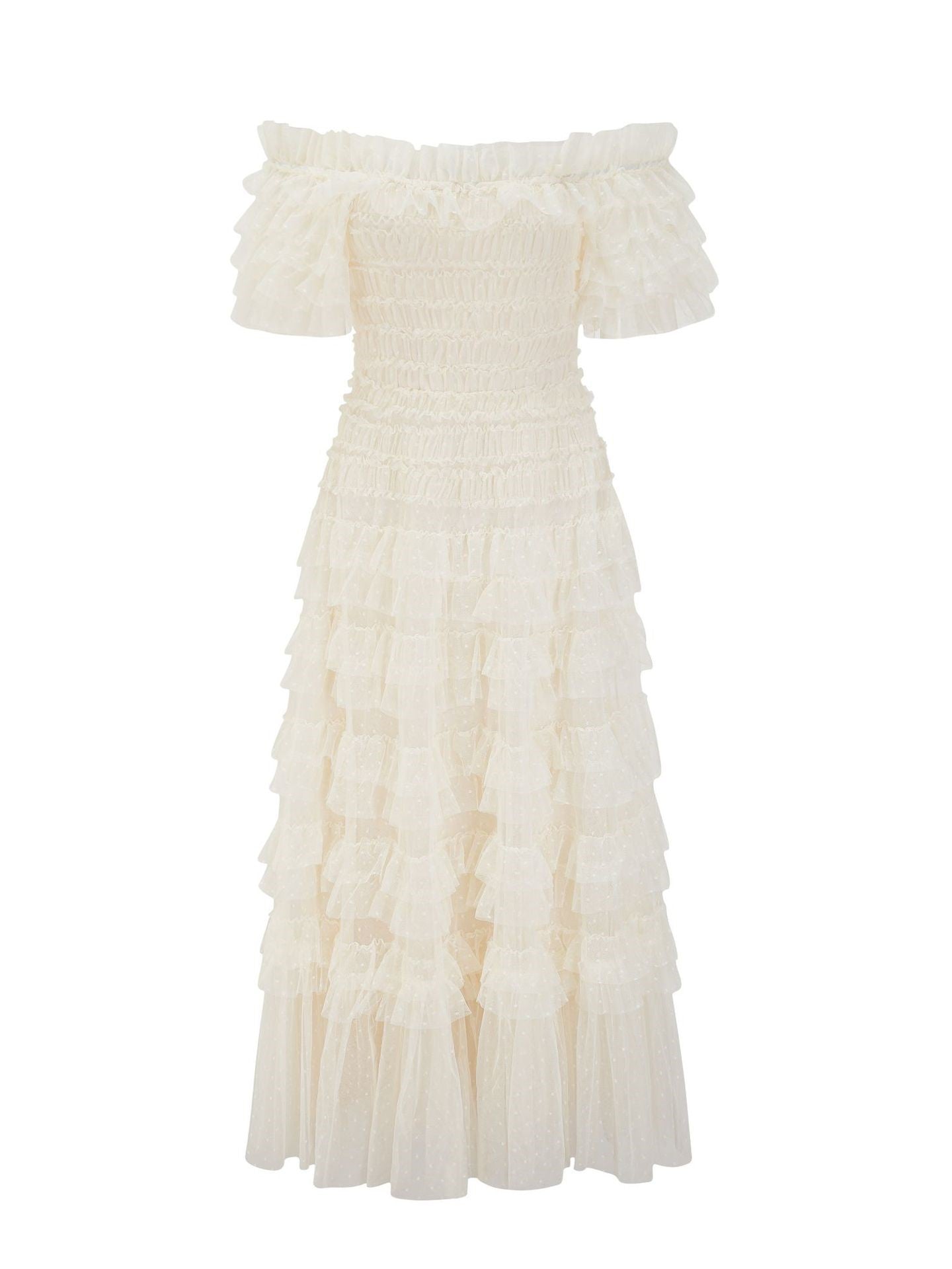 Robe Trapèze Épaule Dénudée Manches Courtes Robe de Soirée en Abricot