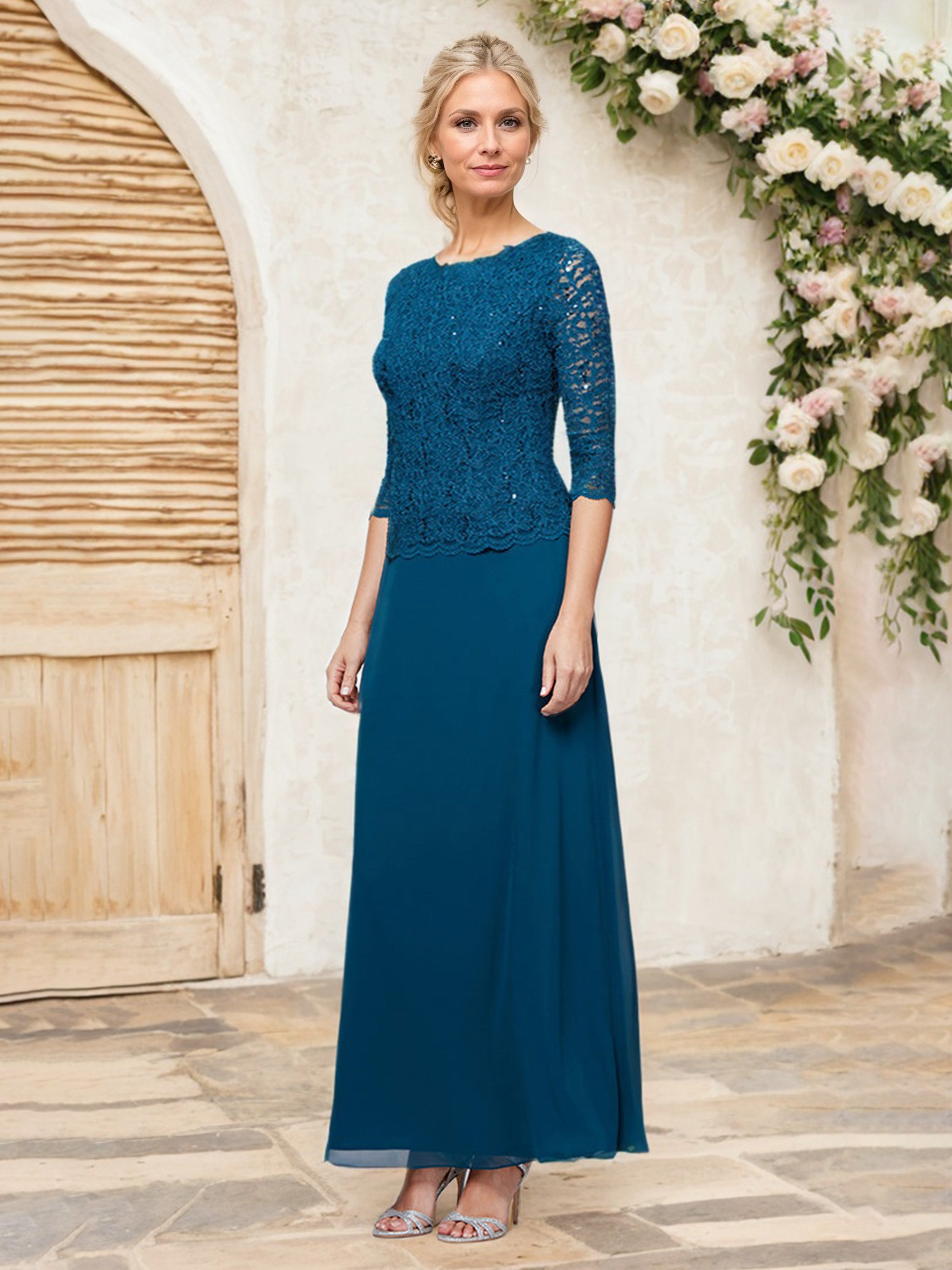 Robe Cérémonie Mariage Mère Du Marié BLEU ENCRE Manches 3/4 Dentelle et Mousseline Robe Mère de la Mariée