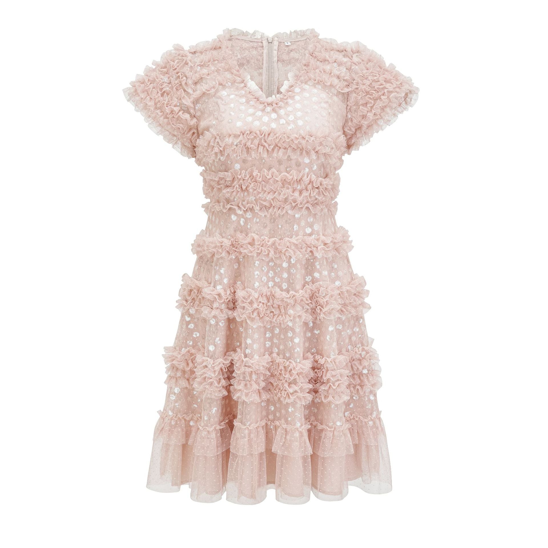 Robe Courte Paillettes Trapèze Col V Manches Courtes Robe de Soirée en Rose Perle