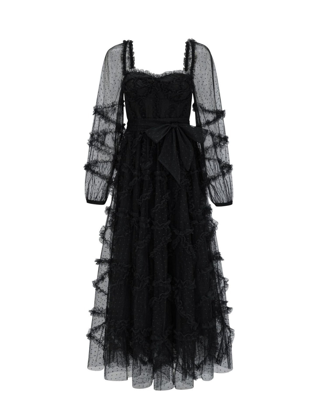 Robe Trapèze Cache Cœur Manches Longues Robe de Soirée en Noir