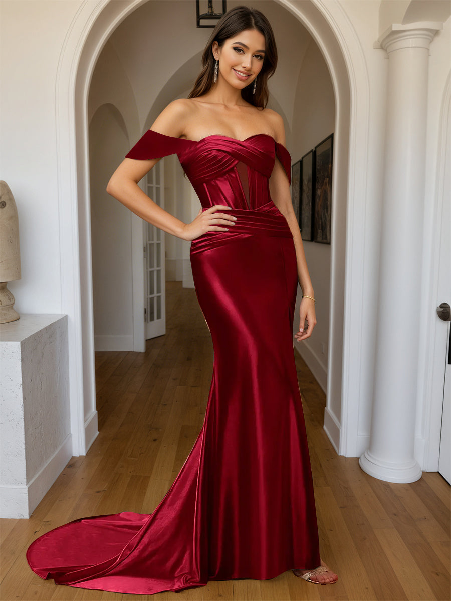 Cicinia BORDEAUX Robe de Soirée Longue Fourreau en Satin Doux Fente Épaules Dénudées avec Traîne Balayée