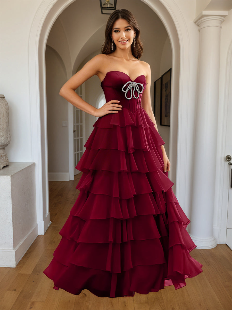 Cicinia BORDEAUX Robe de Soirée Longue A-Line Décolleté Cœur Fente à Volants