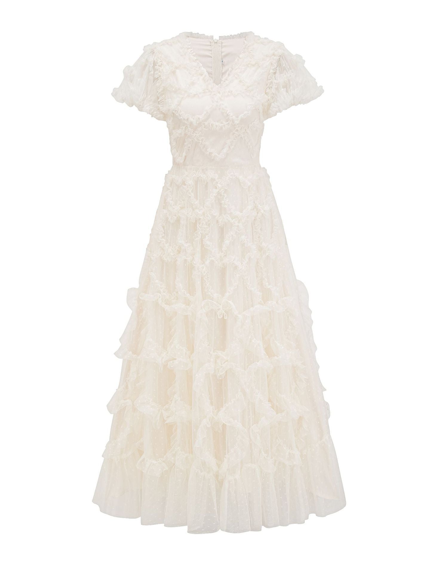 Robe Longue Trapèze Col V Manches Courtes Robe de Soirée en Abricot