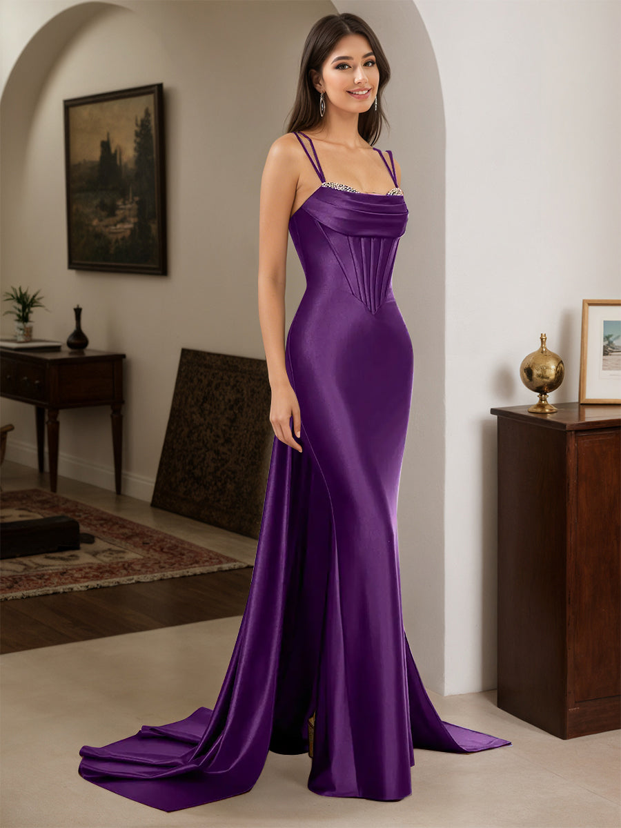 Cicinia Robe de Soirée Raisin Longue Fourreau à Bretelles Spaghetti Perlé Fente