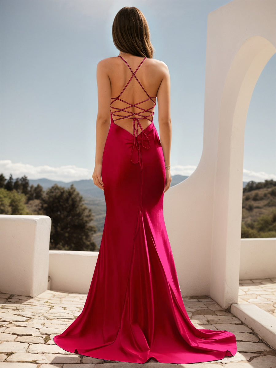 Cicinia Robe de Soirée Rouge Longue en Tissu Extensible Fourreau à Bretelles Spaghetti Dos Nud