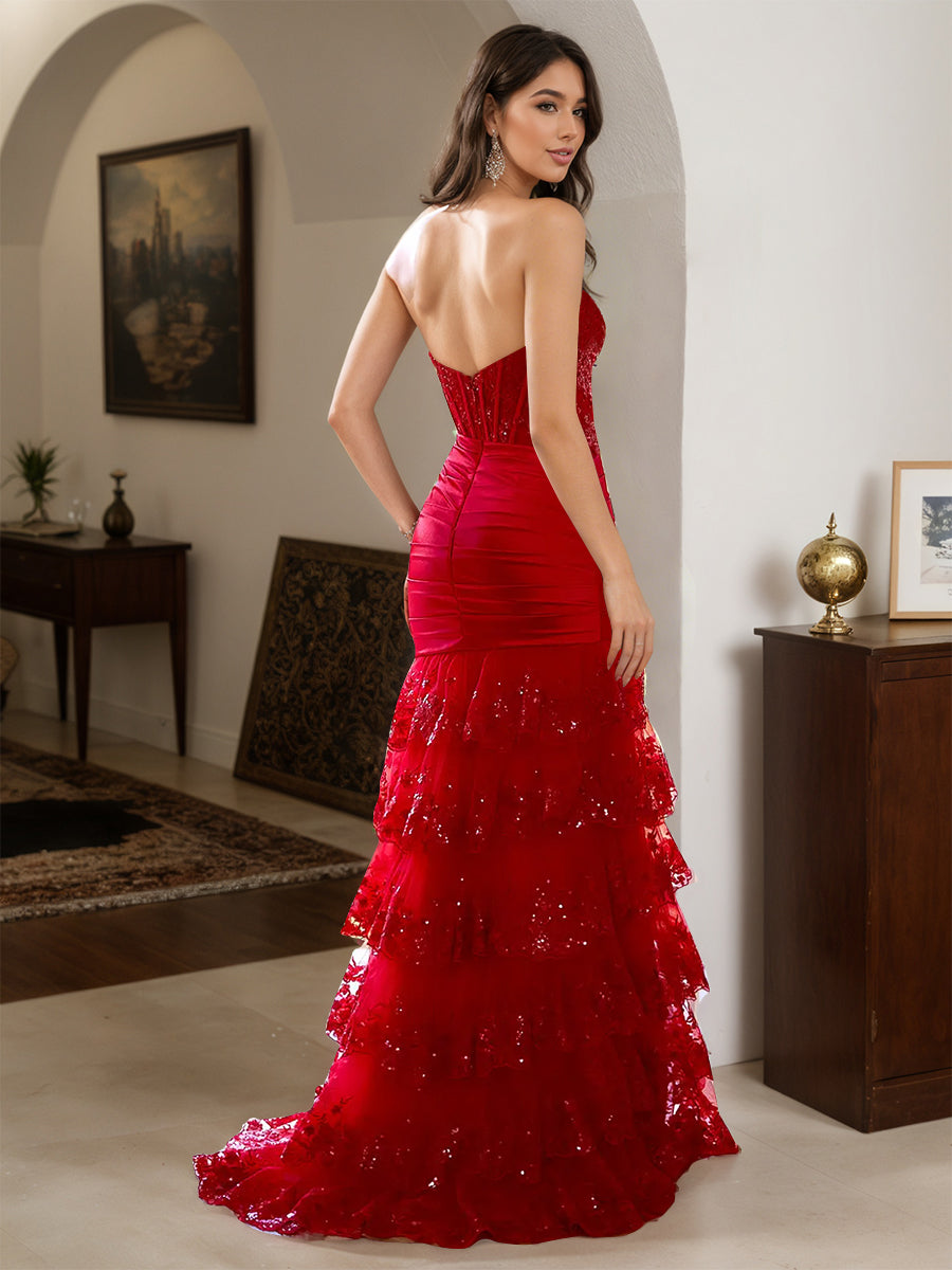Cicinia Robe de Soirée Rouge Longue Fourreau en Dentelle à Volants Fente Décolleté Cœur