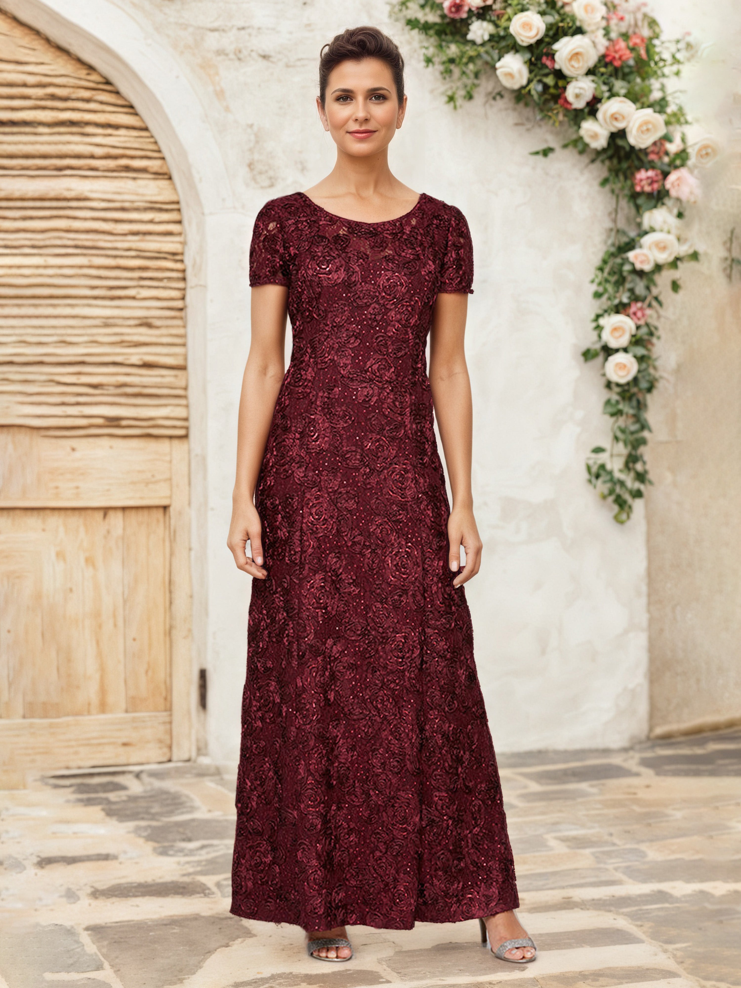 Robe Cérémonie Mariage Mère Du Marié BORDEAUX Paillettes Florales Fourreau/Colonne Robe Mère de la Mariée