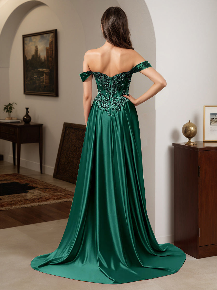 Cicinia Robe de Soirée VERT FONCE Longue Fourreau Appliqués Dentelle Épaules Dénudées