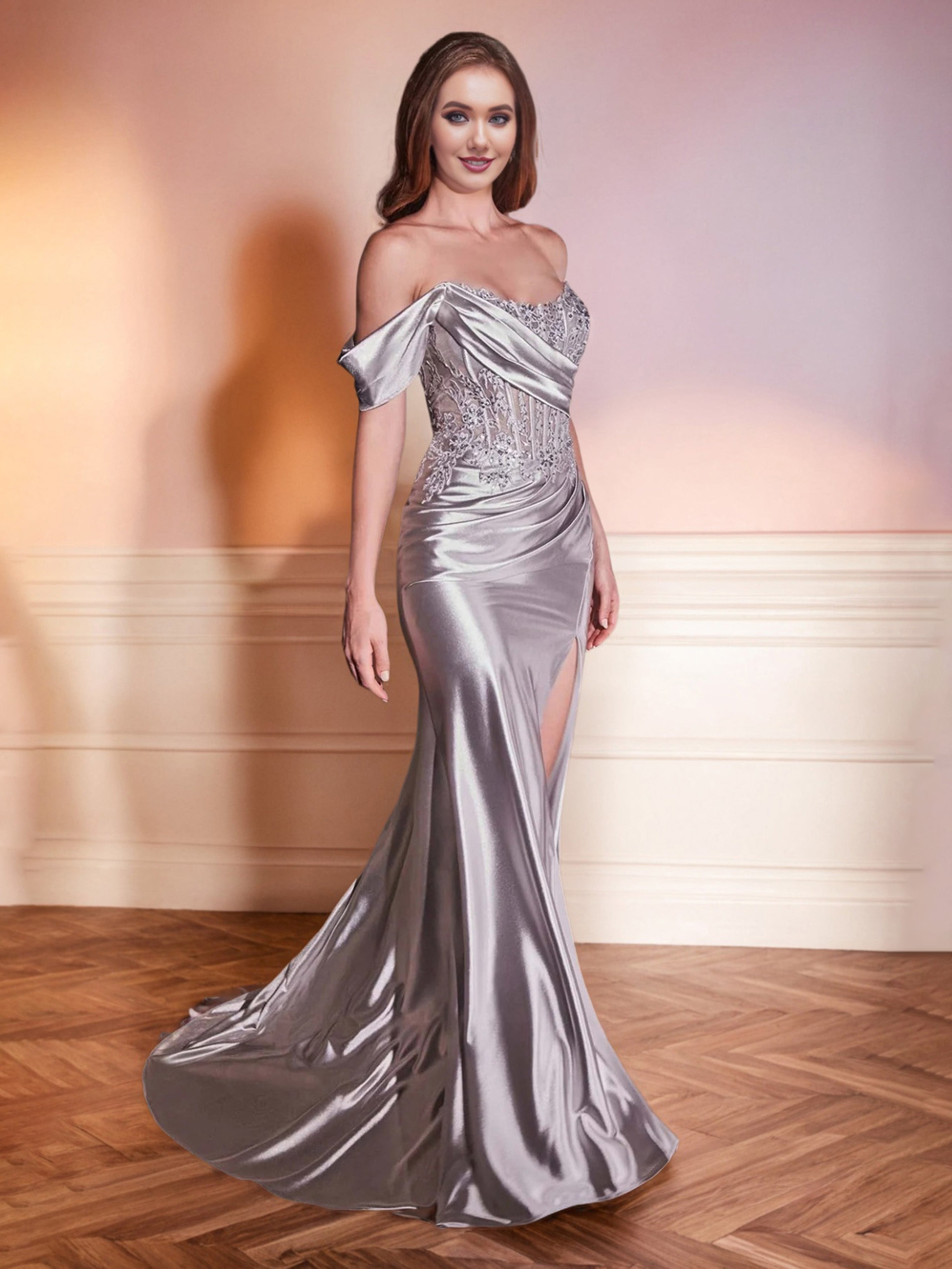 Robe de Soirée Argenté Epaule Dénudée Sirène Fendue Satin Extensible à Paillettes avec Traîne