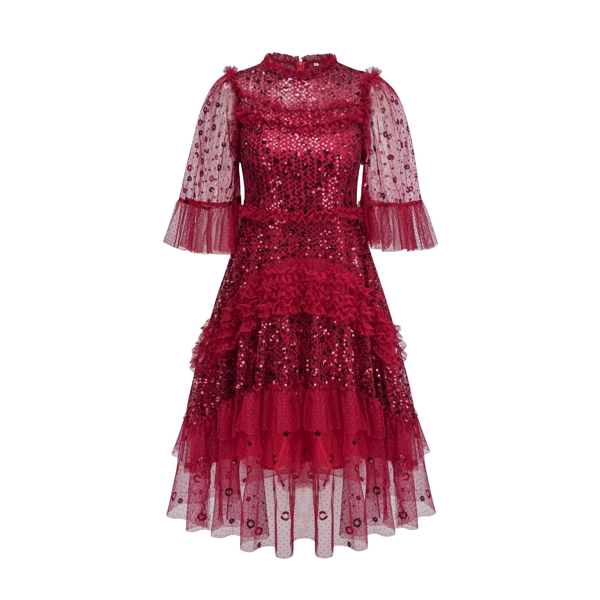 Robe Courte Trapèze Col Rond Paillettes Manches 3/4 Robe de Soirée en Rouge