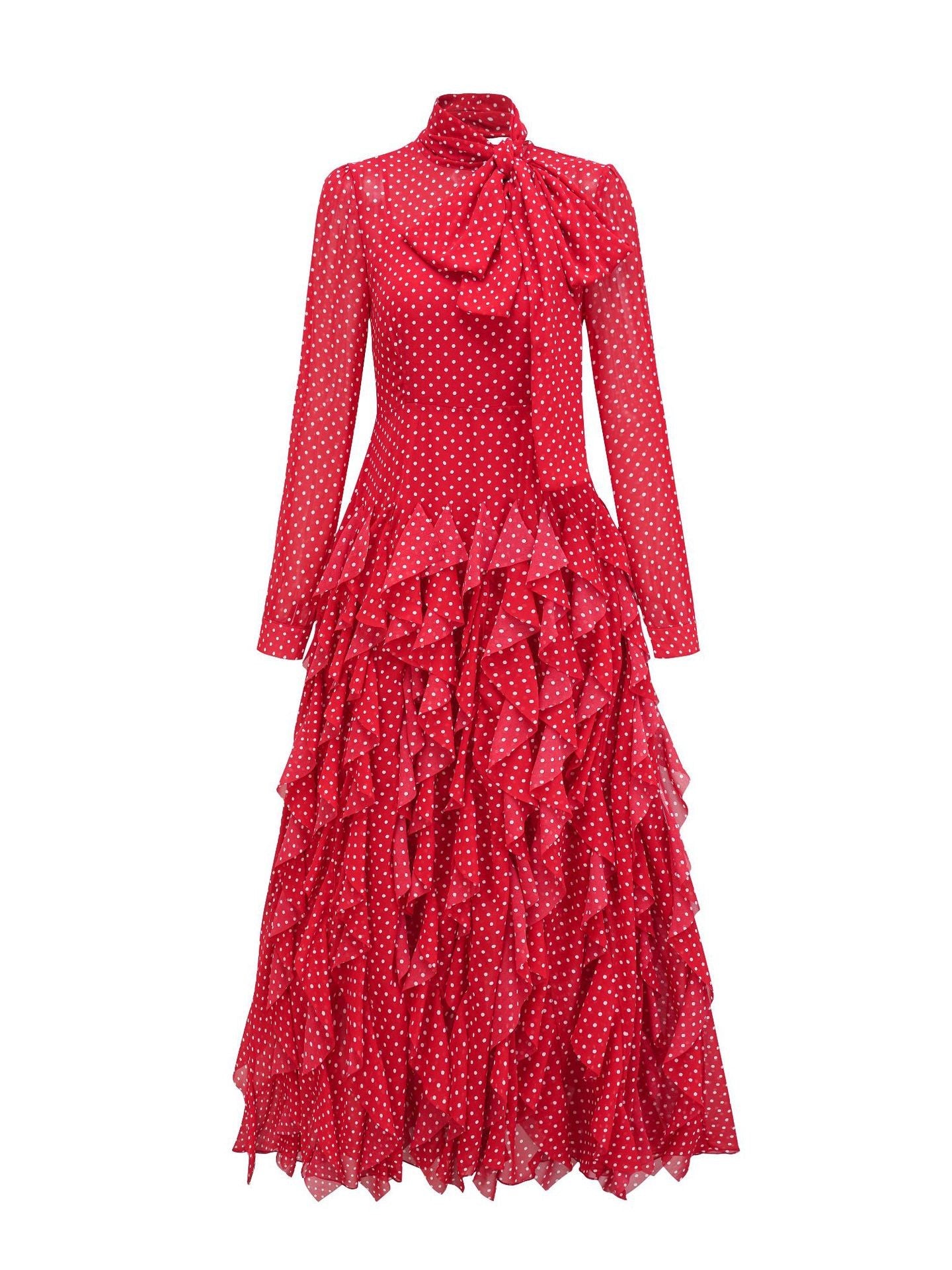 Robe Noeud Papillon Trapèze Col Roulé Mi-Haut Manches Longues Robe de Soirée en Rouge