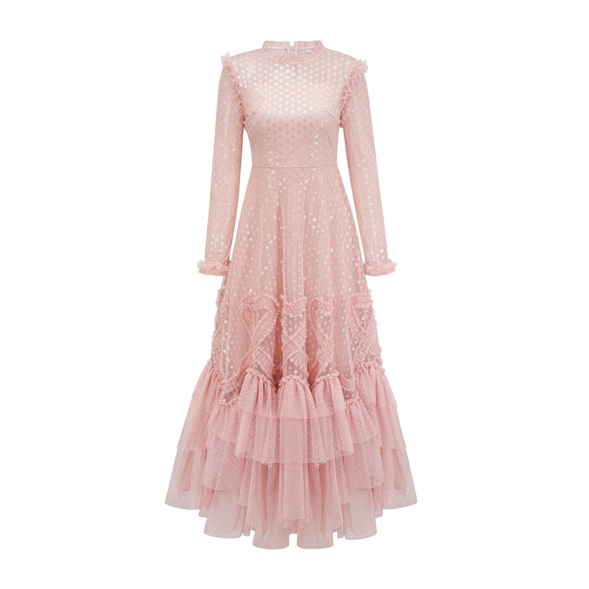Robe Longue Paillettes Trapèze Col Rond Manches Longues Robe de Soirée en Rose