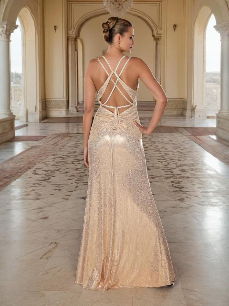 Moulant Bretelles Spaghetti Longueur Ras du Sol sans Manches Robe Demoiselle d’Honneur Fendue en Tissu Scintillant