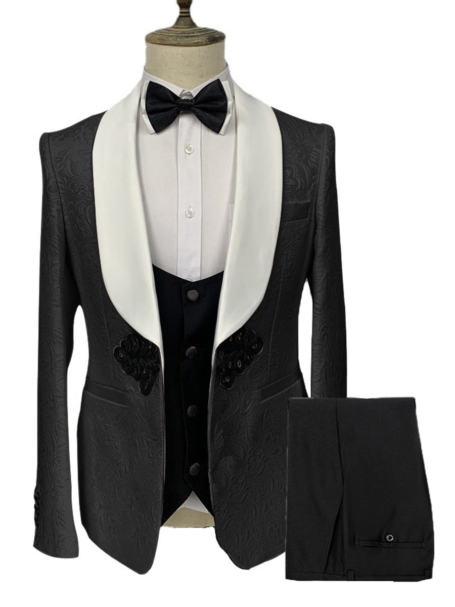 Costume Homme 3 Pièces Noir à Motif Jacquard Élégance Racée pour Marié et Garçons d'Honneur
