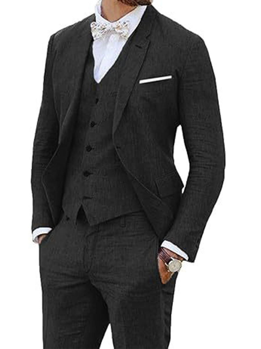 Costume 3 Pièces Homme en NOIR en Lin Style Rétro avec Veste Queue-de-Pie pour Mariage et Bal