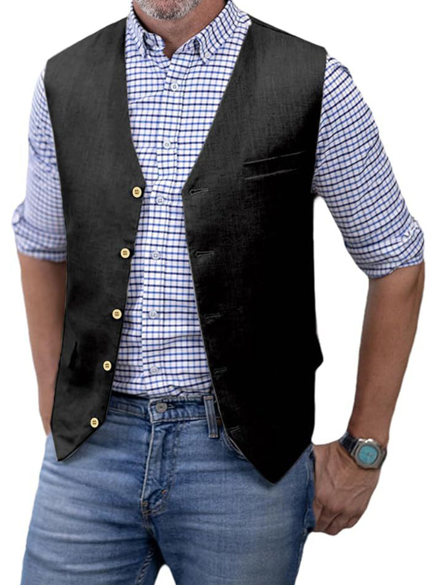Gilet Décontracté en NOIR en Coton-Lin Respirant Minimalisme Élégant pour Homme