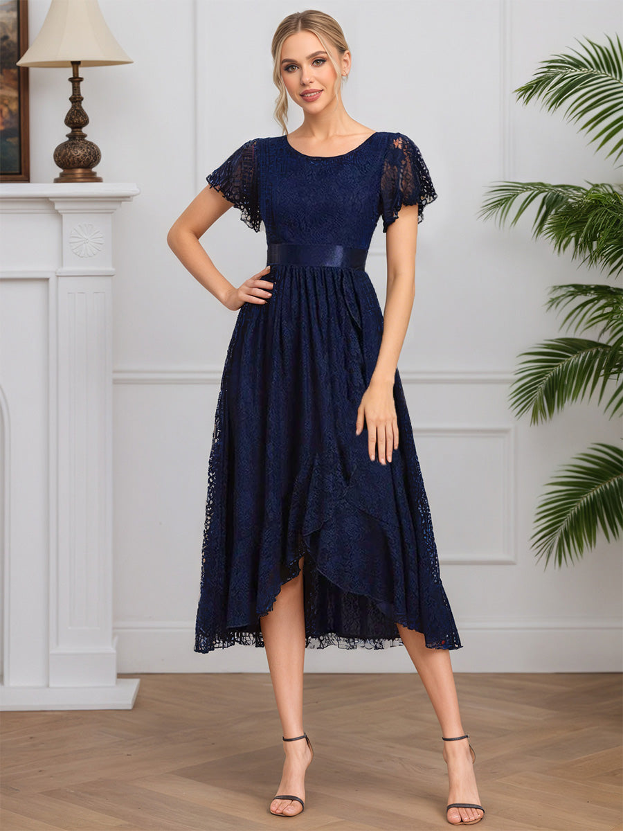 Cicinia Bleu Marine Robe pour Mère de la Mariée Longue en Dentelle A-Line Longueur Midi (Thé) Manches Courtes