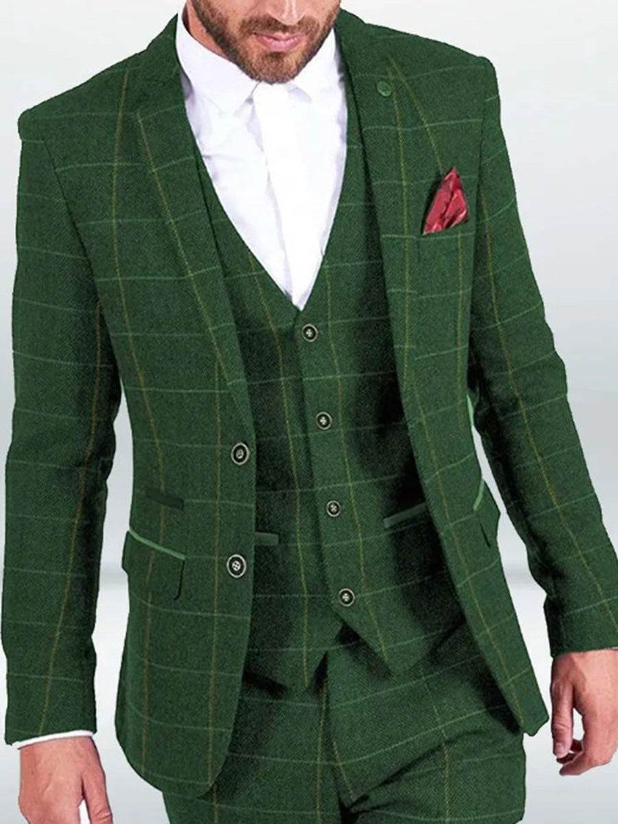 Costume Homme 3 Pièces en VERT_FONCE Nouvelle Collection Tweed à Motifs Chevron et Carreaux Coupe Slim Affaires & Cérémonie