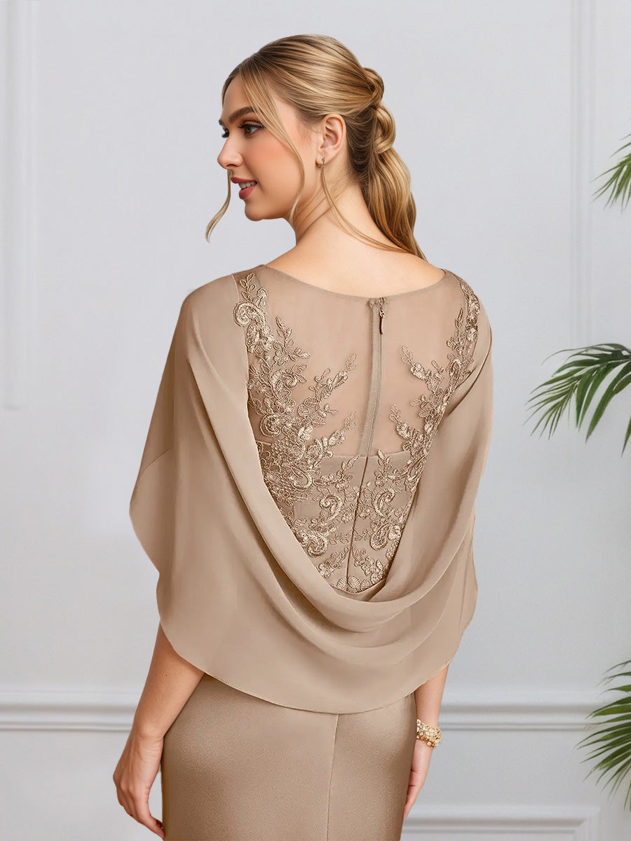Cicinia Taupe Robe pour Mère de la Mariée Longue en Mousseline et Dentelle Fourreau Fente