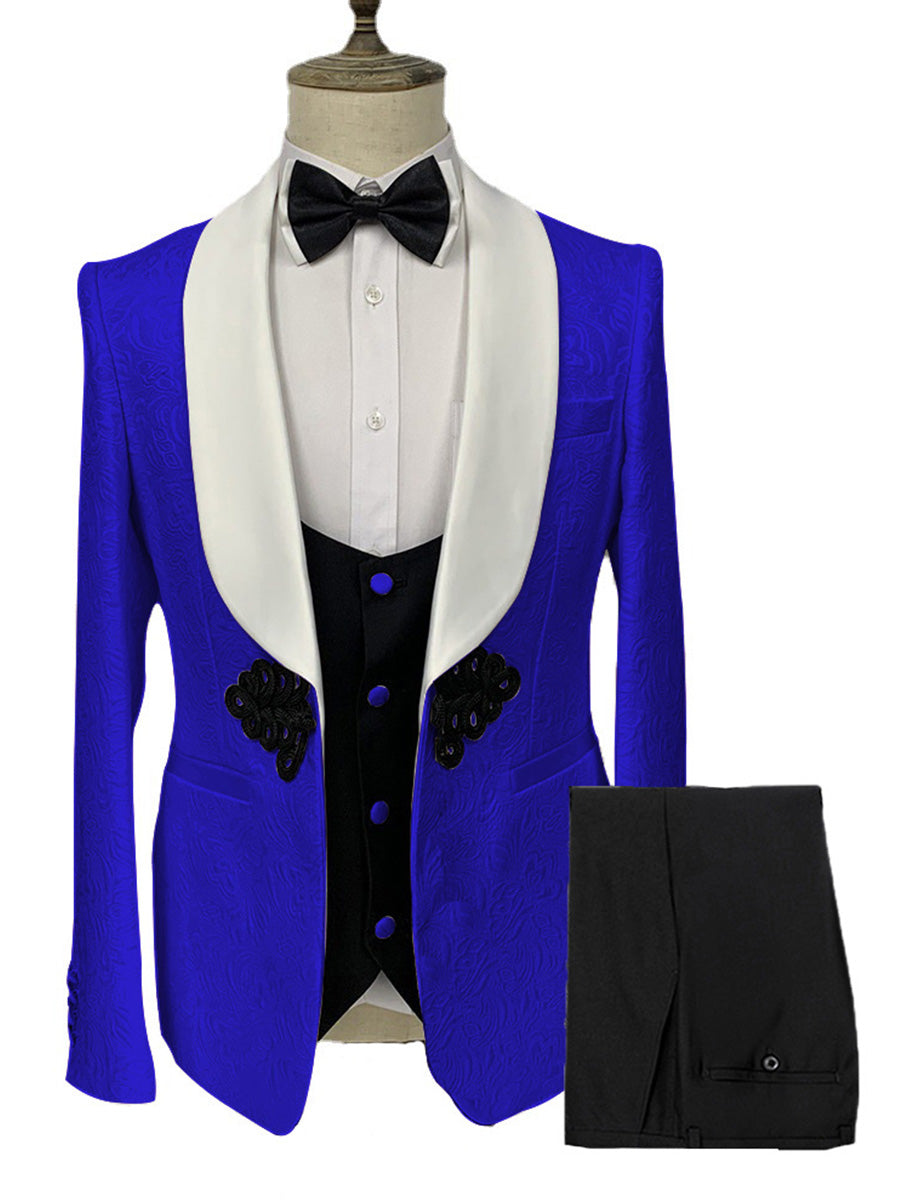 Costume Homme 3 Pièces BLEU_ROYALE à Motif Jacquard Élégance Racée pour Marié et Garçons d'Honneur