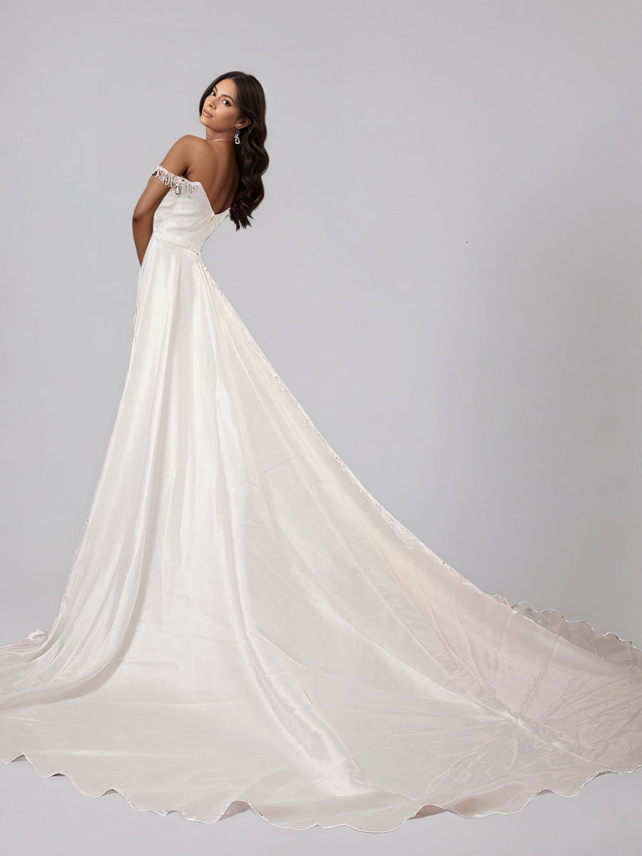 Cicinia Ivoire Robe de Mariée Décolleté en V Épaules Dénudées Traîne Balayée Épurée