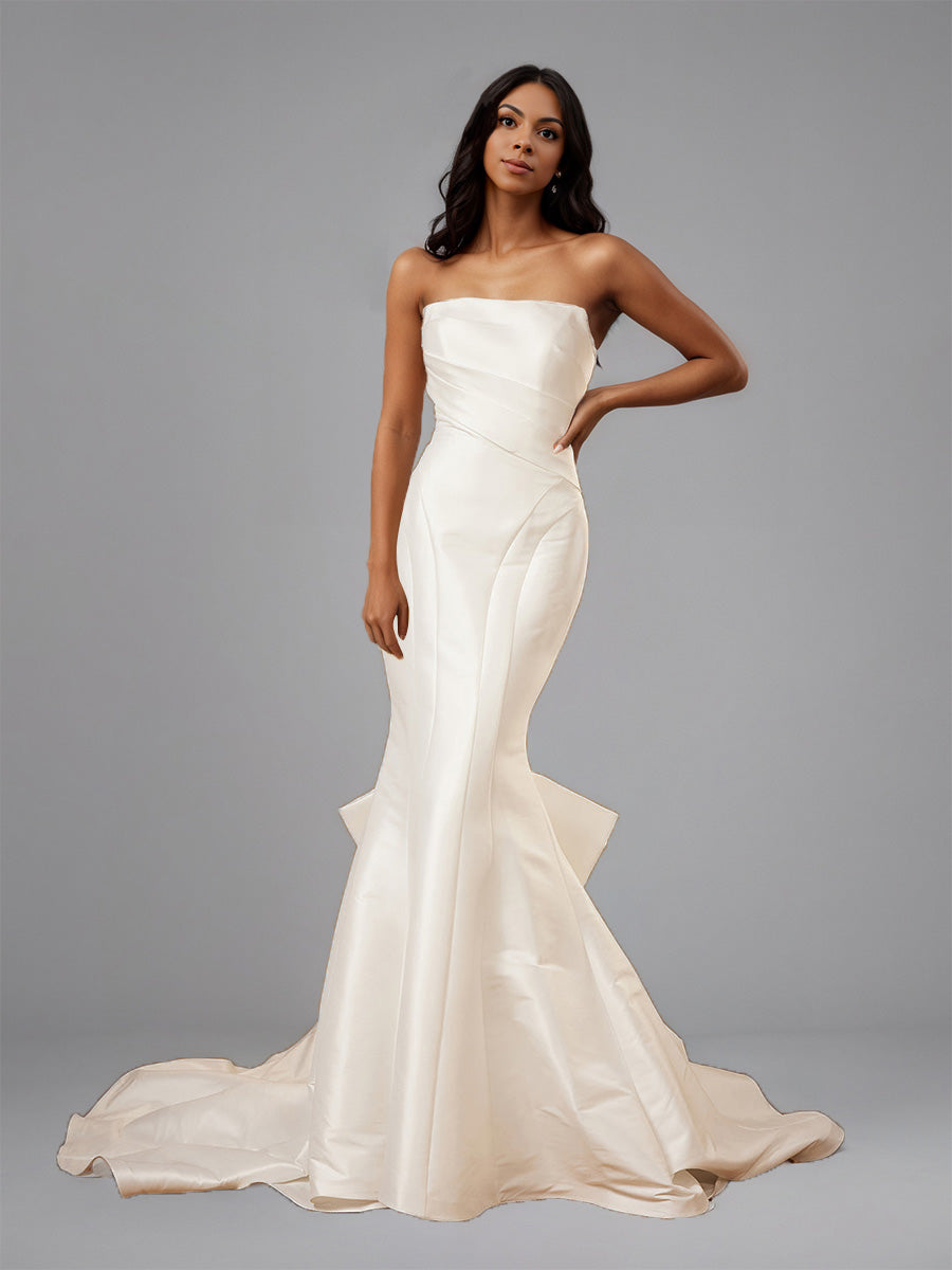 Cicinia Nouvelle Arrivée Robe de Mariée Sirène en Satin sans Bretelles avec Grand Nœud Papillon